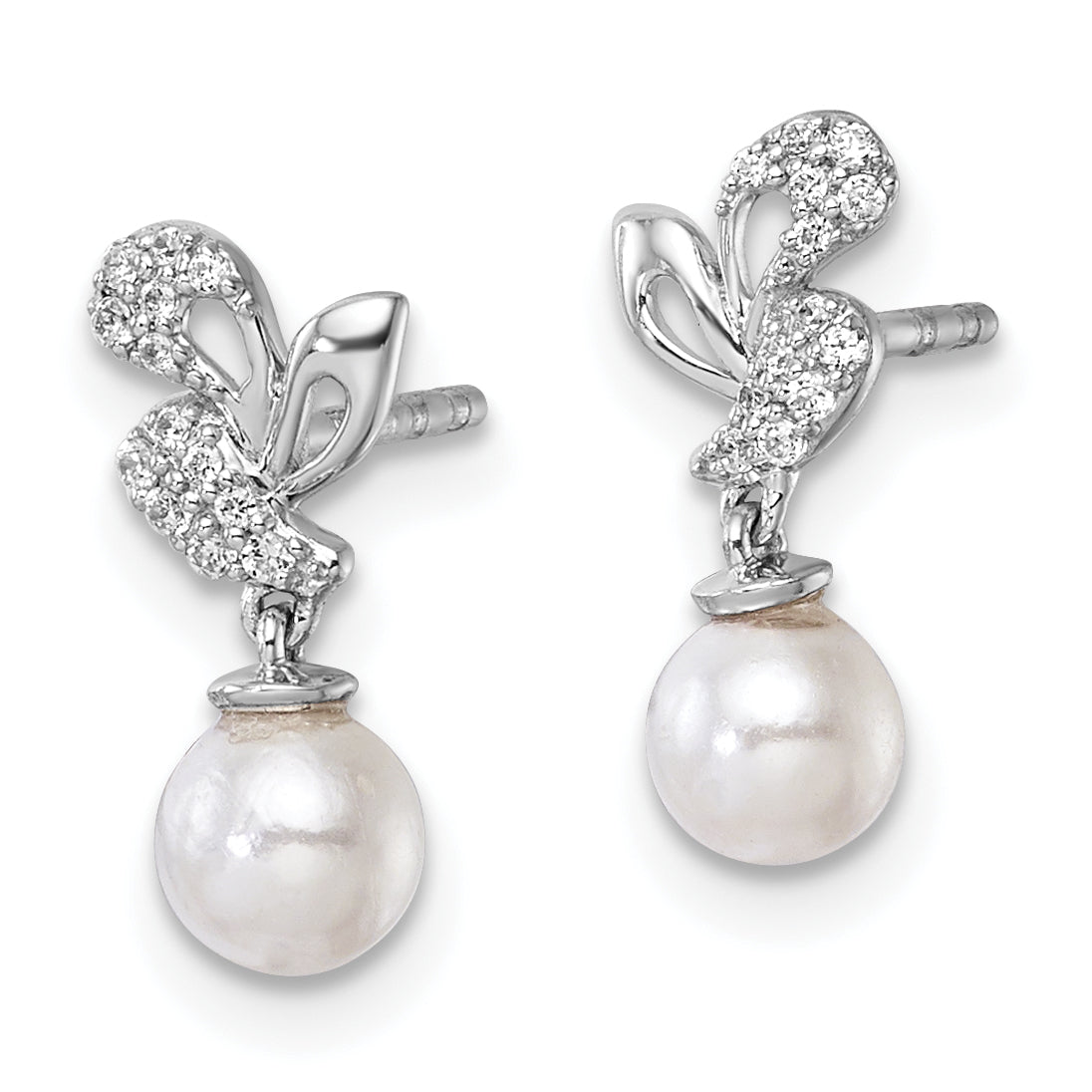 14K White Gold Polished 1/10 carat Diamond and White Freshwater Cultured Pearl Dangle Post Earrings Secondary image