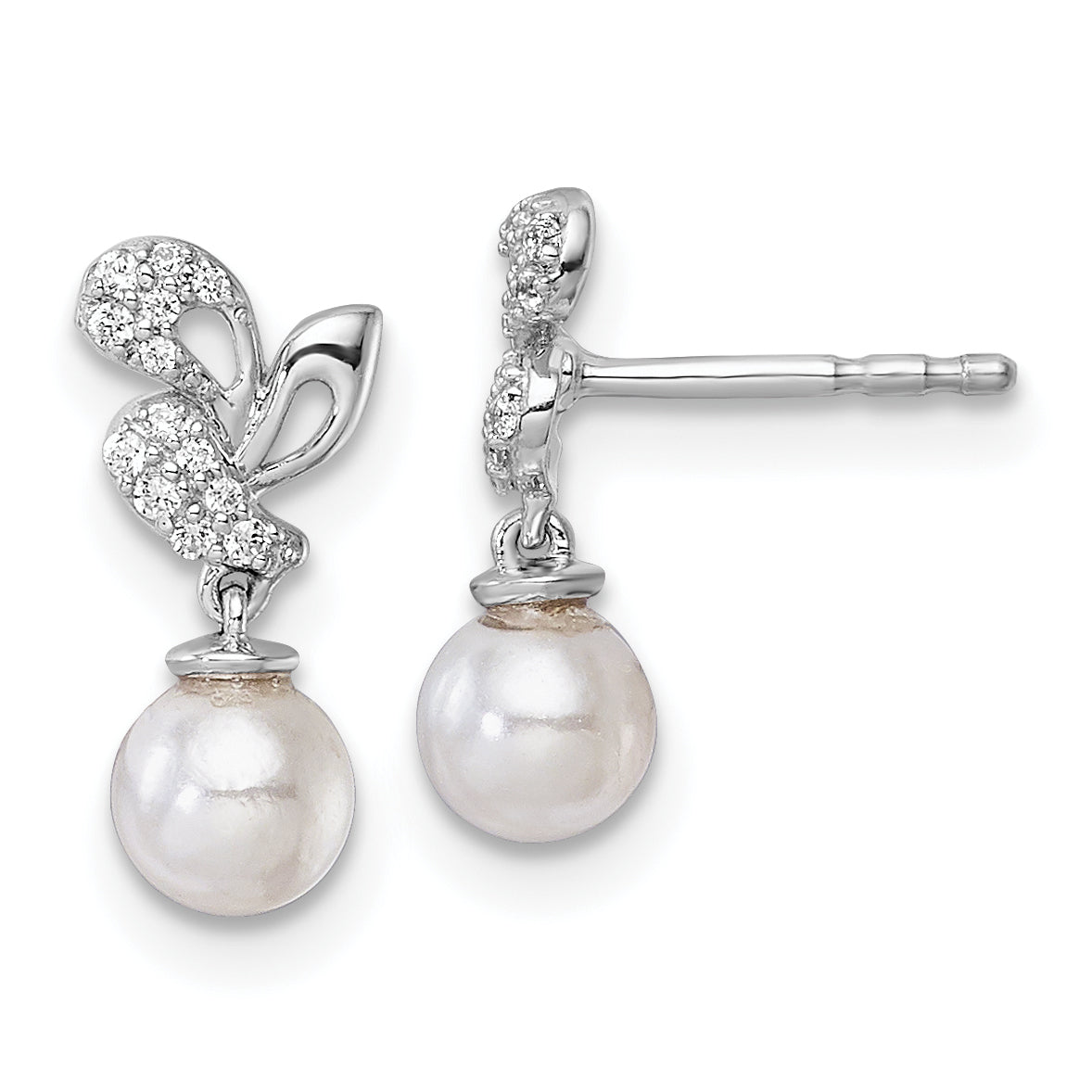 14K White Gold Polished 1/10 carat Diamond and White Freshwater Cultured Pearl Dangle Post Earrings Main image