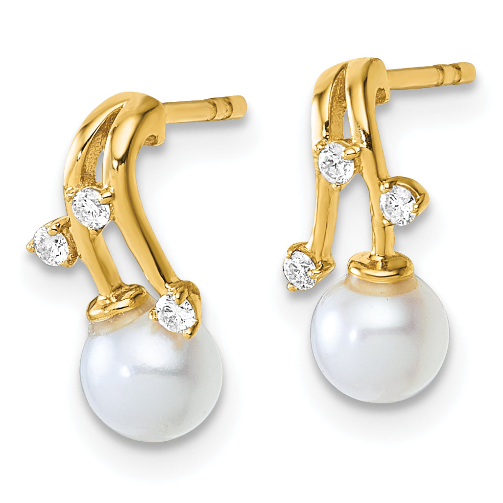 14K Polished 1/10 carat Diamond and White Freshwater Cultured Pearl Drop Post Earrings