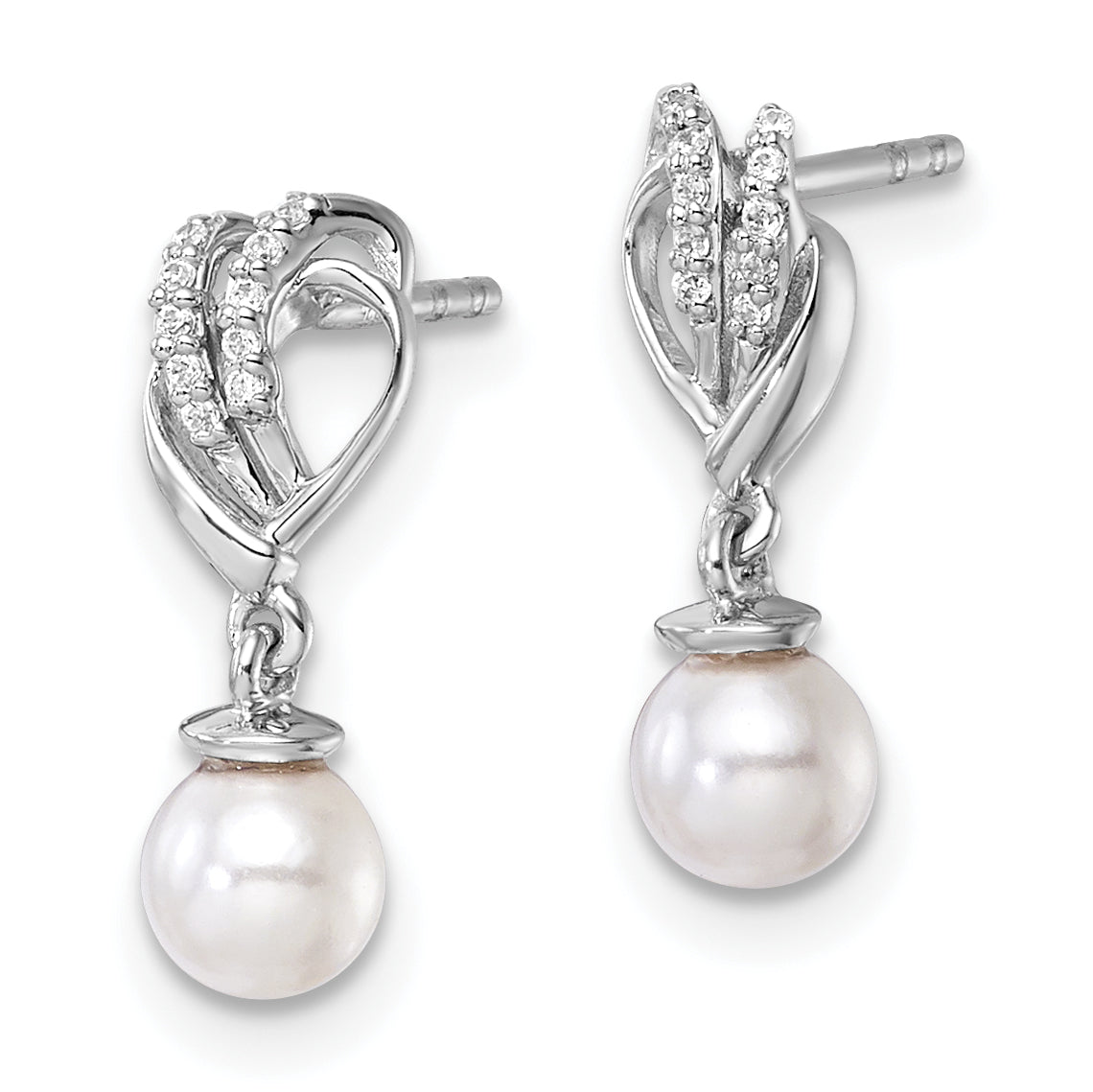 14K White Gold Polished 1/15 carat Diamond and White Freshwater Cultured Pearl Dangle Post Earrings Secondary image