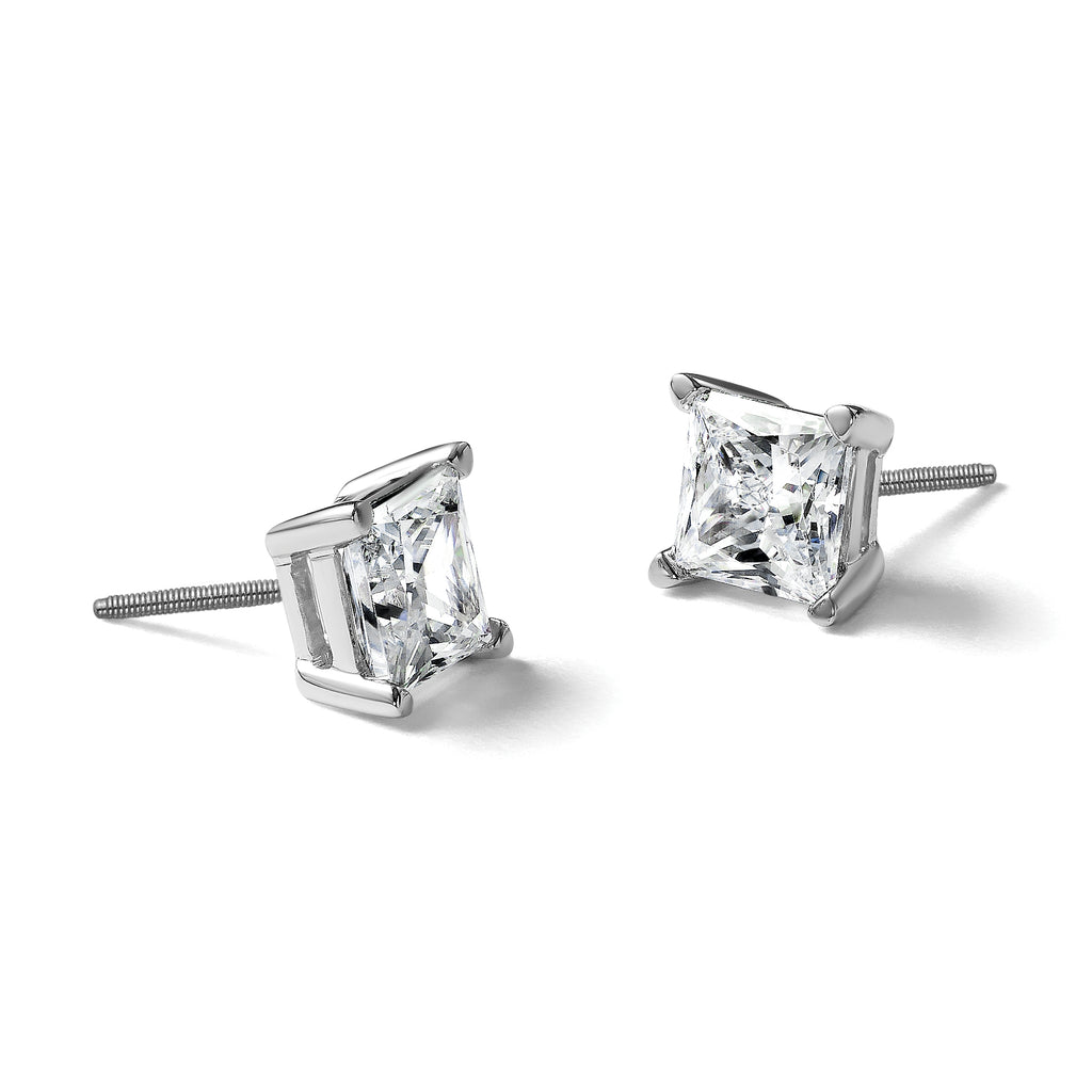 14K White Gold 3 ct Certified Lab-Created Diamond VS+ F+, Princess-Cut 4-Prong Screw-Back Stud Earrings