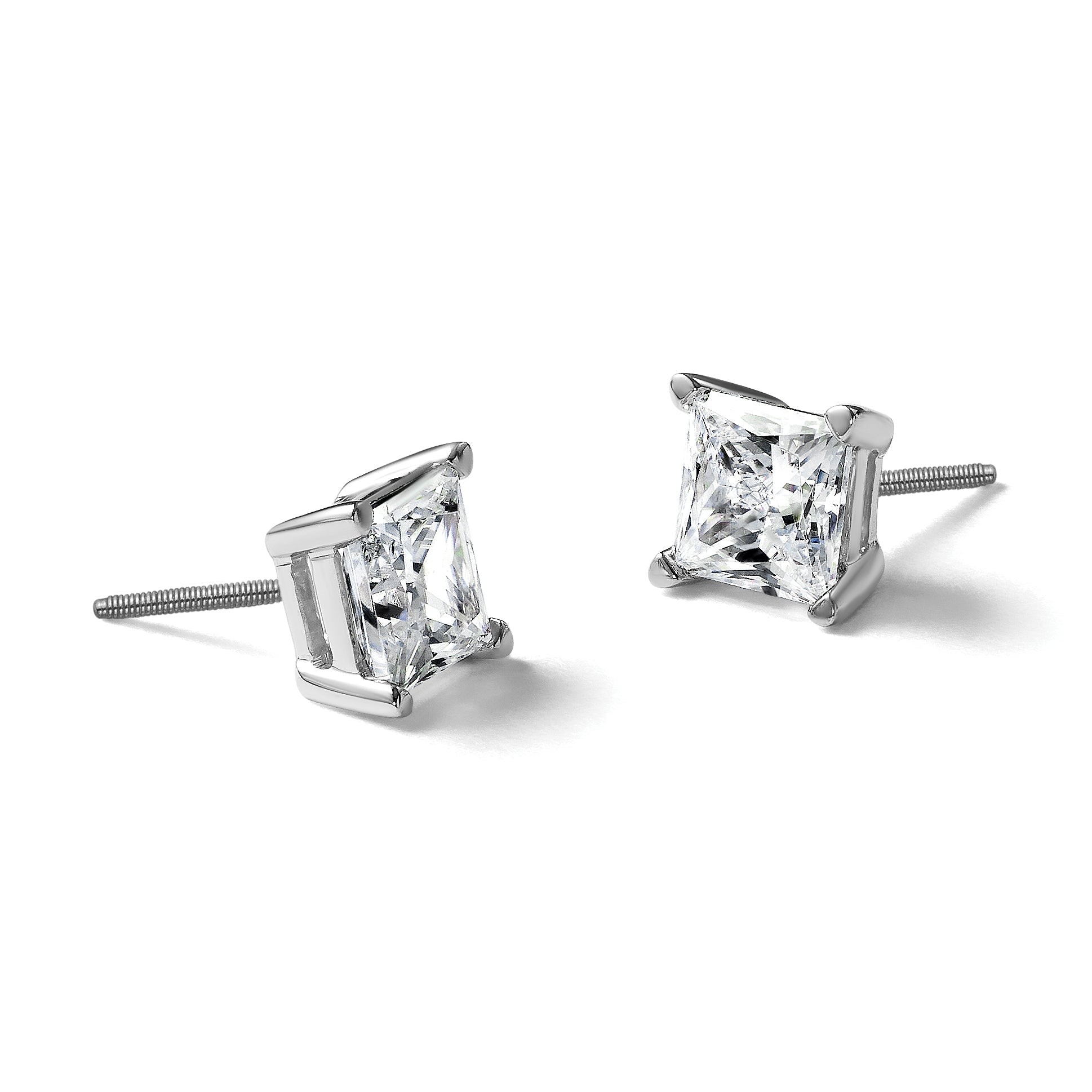 14K White Gold 3 ct Certified Lab-Created Diamond VS+ F+, Princess-Cut 4-Prong Screw-Back Stud Earrings