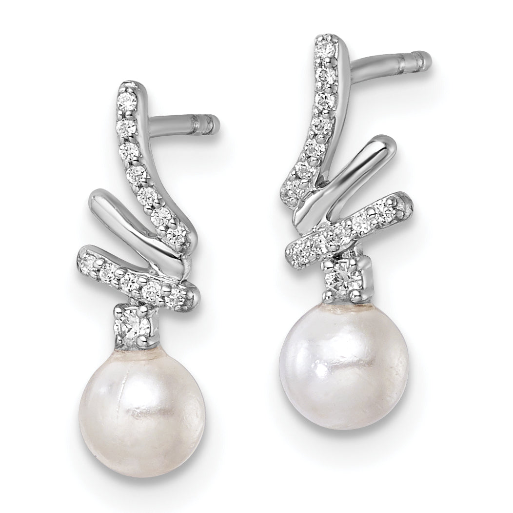 14K White Gold Polished 1/10 carat Diamond and White Freshwater Cultured Pearl Drop Post Earrings Secondary image