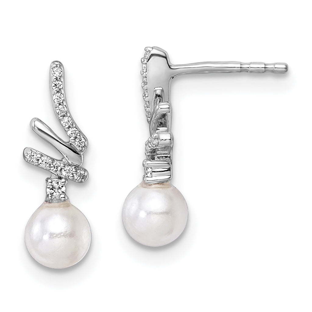 14K White Gold Polished 1/10 carat Diamond and White Freshwater Cultured Pearl Drop Post Earrings