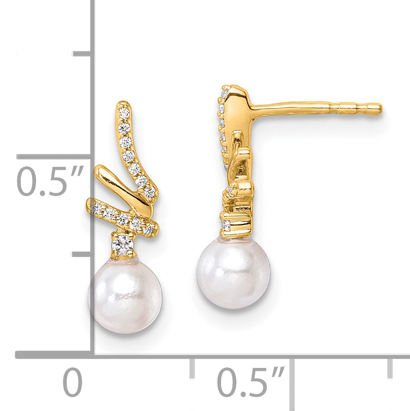 14K Polished 1/10 carat Diamond and White Freshwater Cultured Pearl Drop Post Earrings