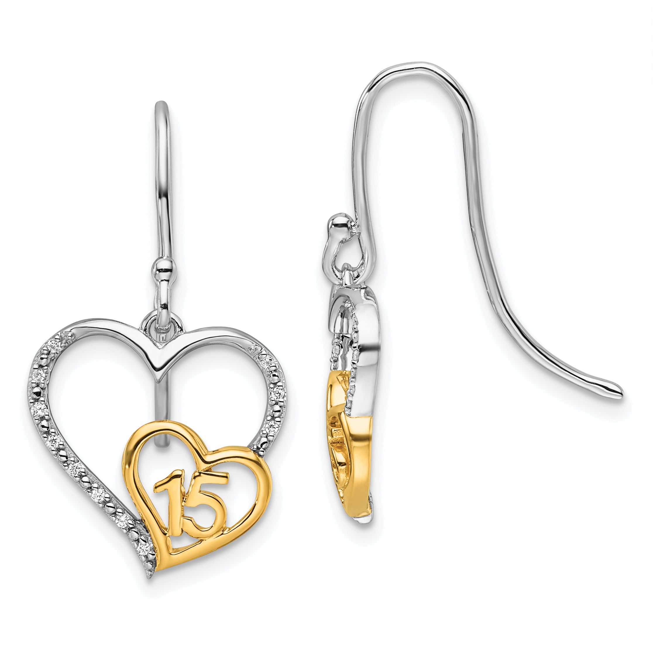 14K Two-tone Polished Diamond Quinceanera Heart Dangle Earrings Main image