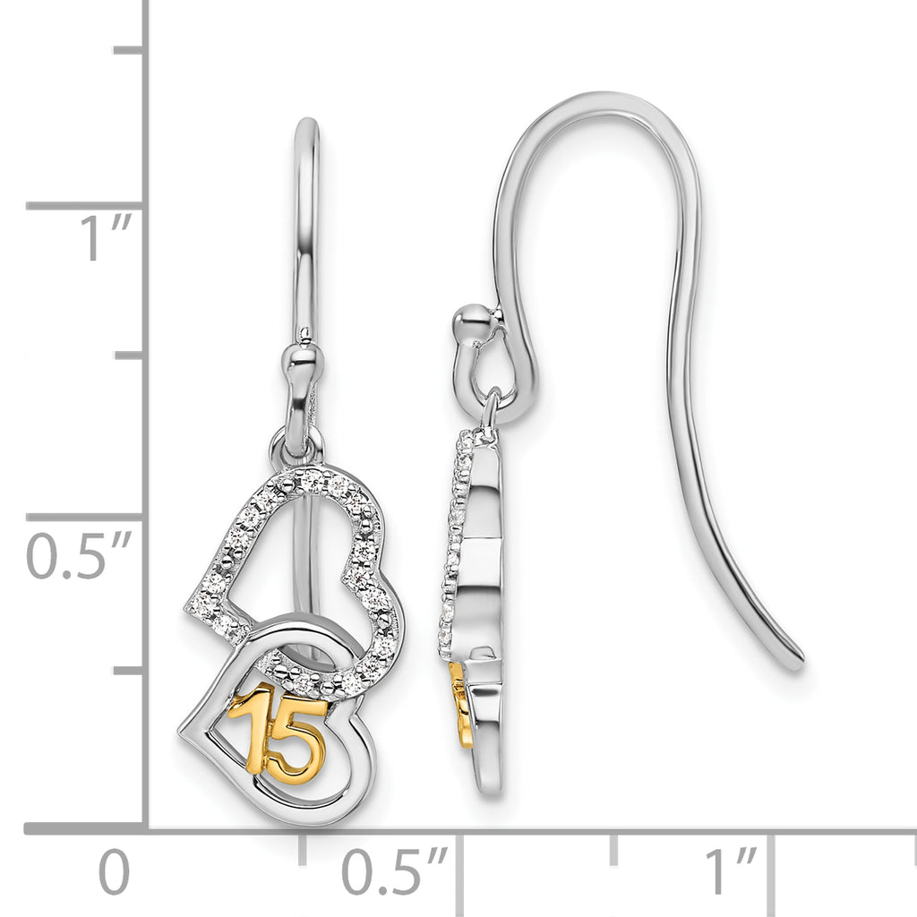 14K Two-tone Polished Diamond Quinceanera Double Heart Dangle Earrings