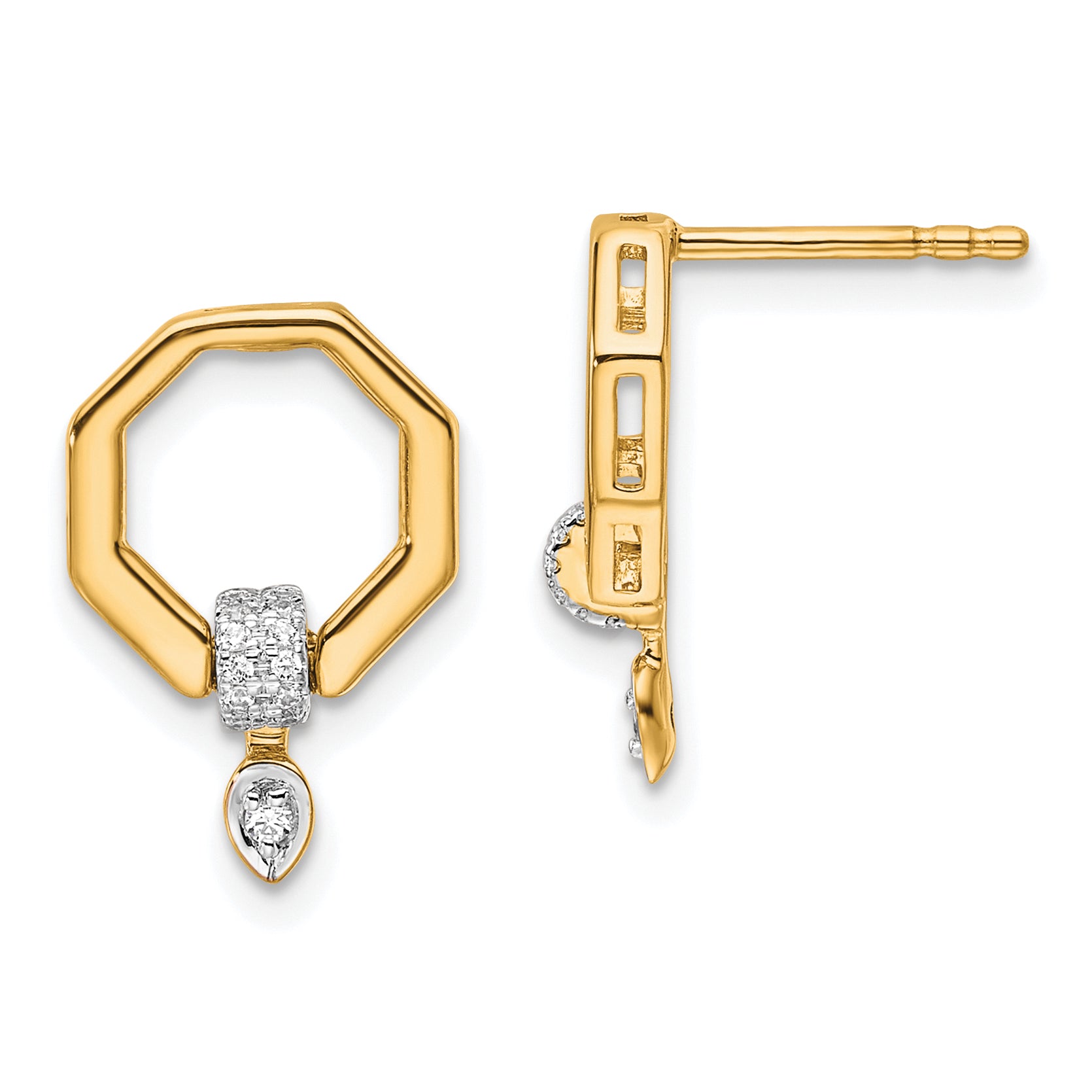 14K Polished Diamond Octagon Drop Post Earrings