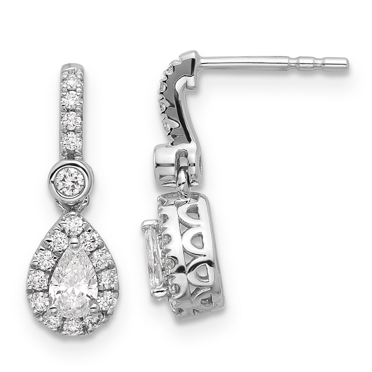 14k White Gold 5/8 carat Lab Grown Diamond VS+ F+ Complete Pear Dangle Post Earrings Main image