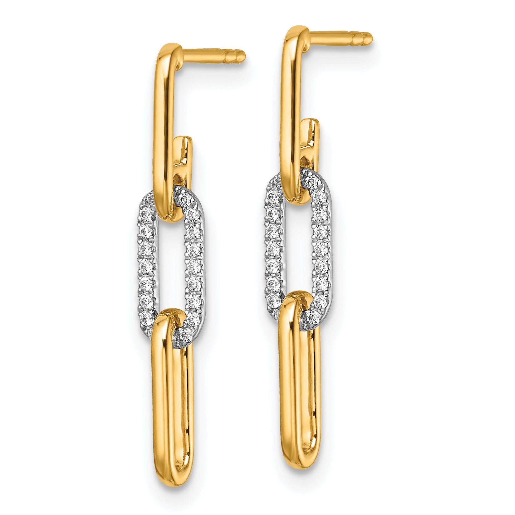 14K Two-tone Gold Diamond Paperclip Link Dangle Post Earrings