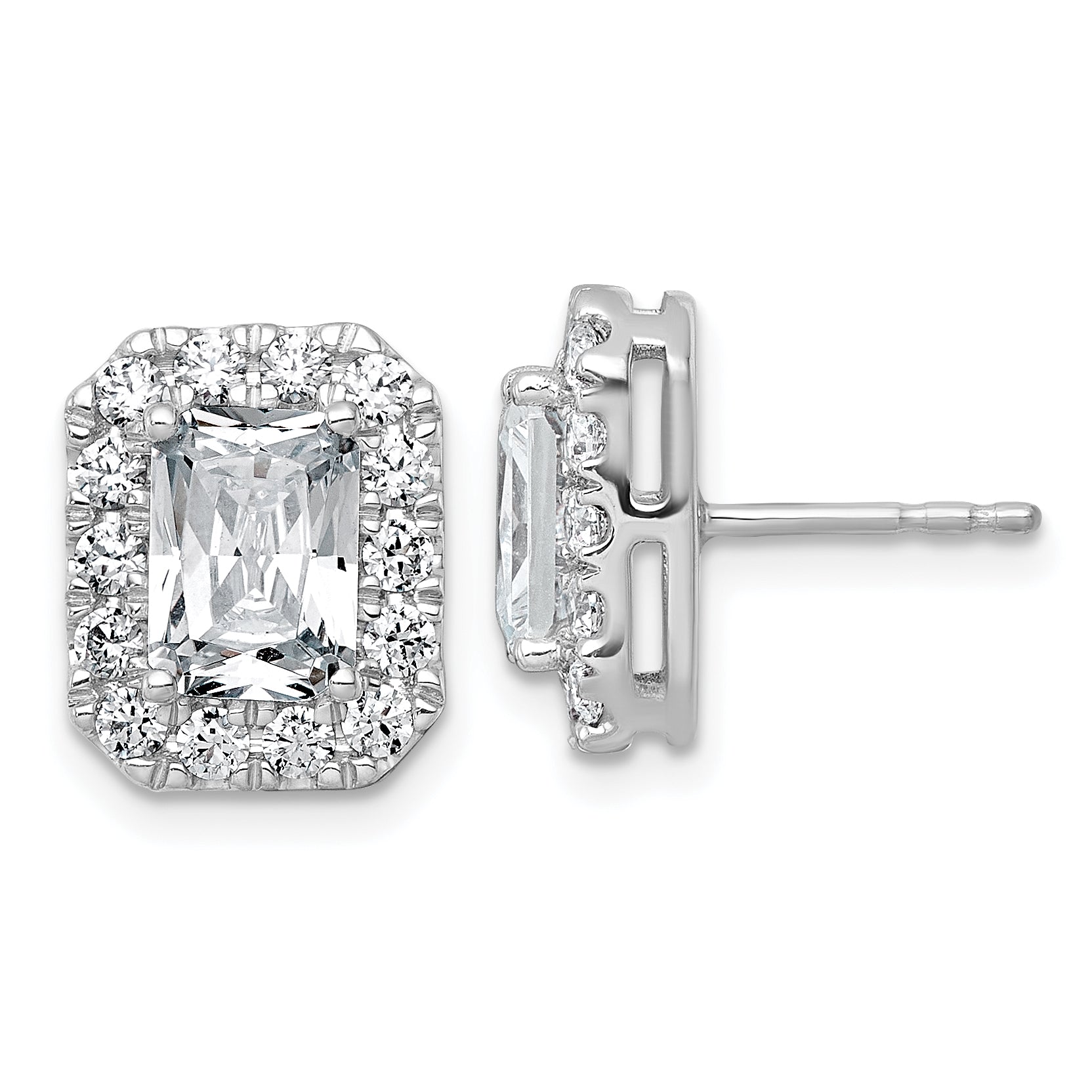 14k White Gold 3 7/8 carat Lab Grown Diamond VS+ F+ Complete Emerald Halo Post Earrings