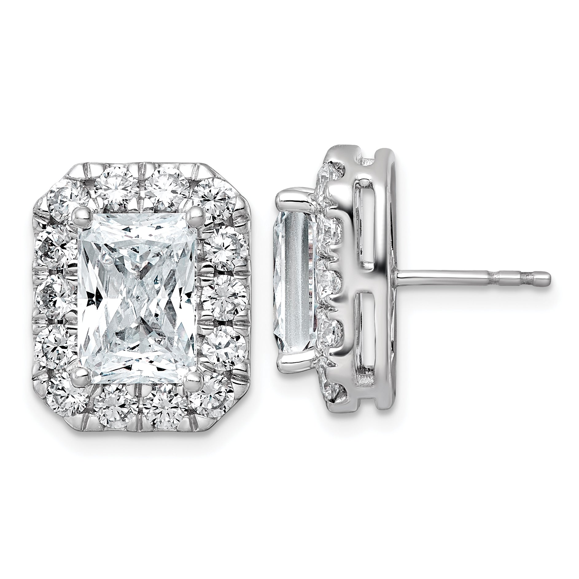 14k White Gold 7 carat Lab Grown Diamond VS+ F+ Complete Emerald Halo Post Earrings