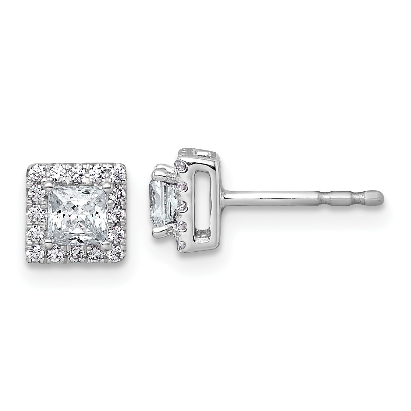 14k White Gold 5/8 carat Lab Grown Diamond VS+ F+ Complete Princess Halo Post Earrings