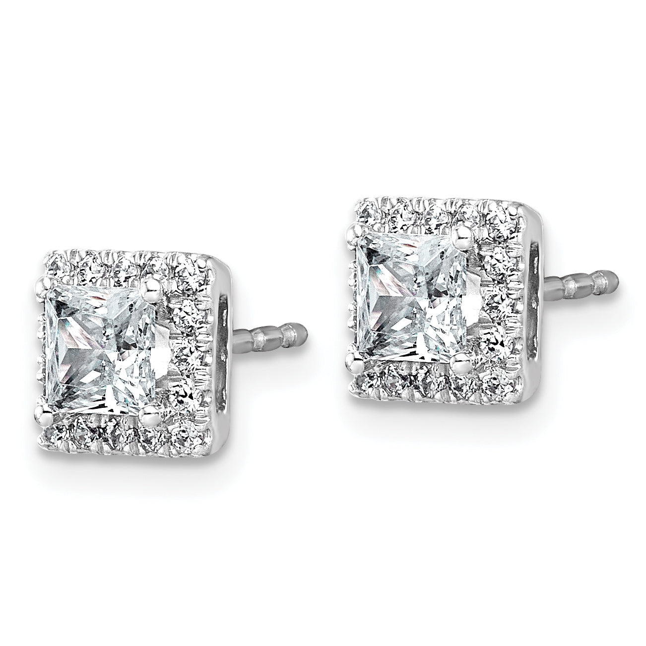 14k White Gold 1 1/3 carat Lab Grown Diamond VS+ F+ Complete Princess Halo Post Earrings