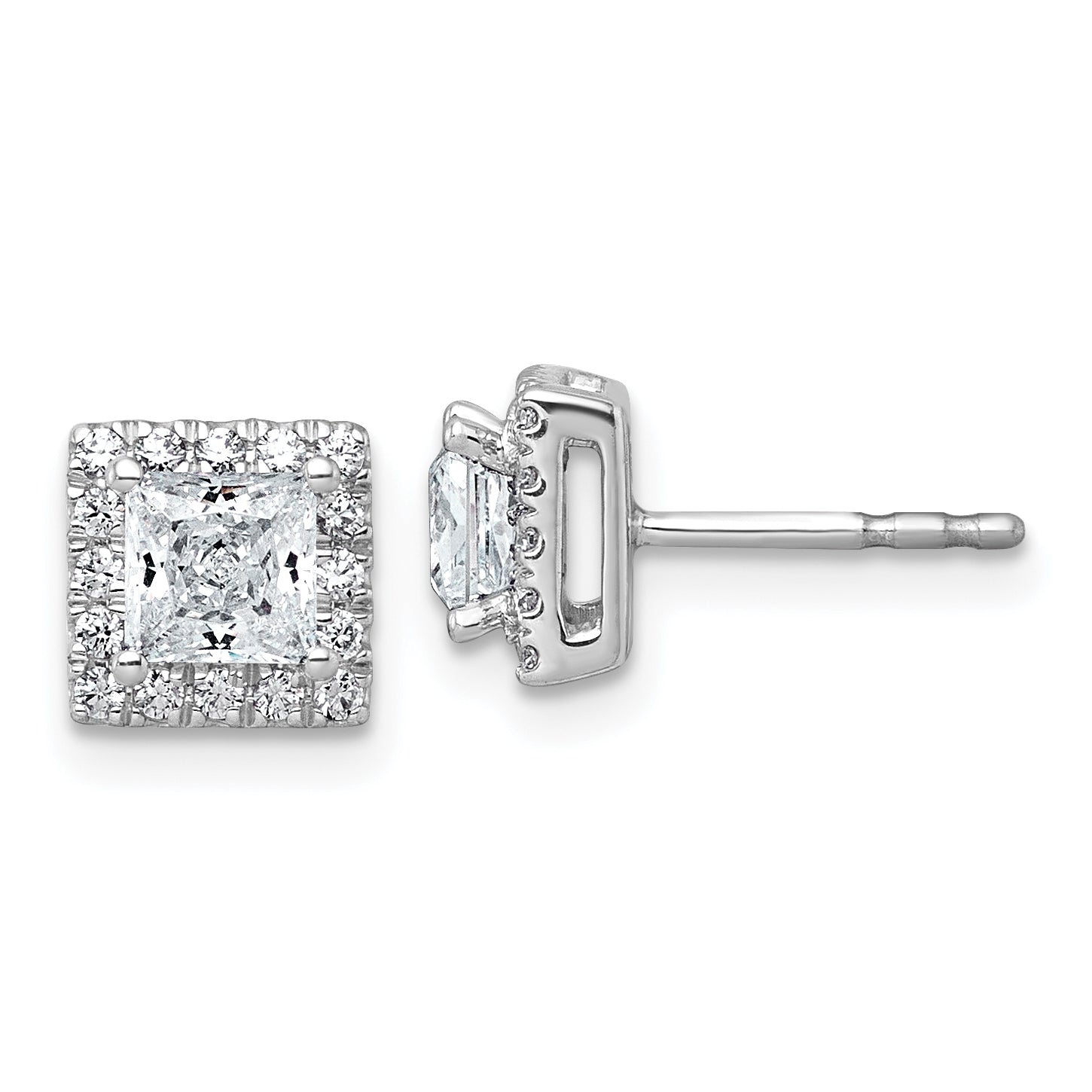 14k White Gold 1 1/3 carat Lab Grown Diamond VS+ F+ Complete Princess Halo Post Earrings