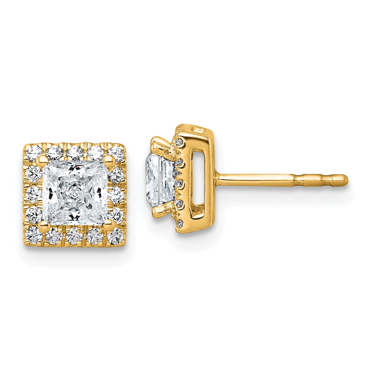 14k 1 1/3 carat Lab Grown Diamond VS+ F+ Complete Princess Halo Post Earrings
