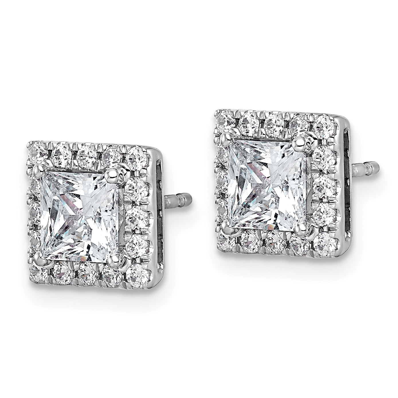 14k White Gold 2 1/2 carat Lab Grown Diamond VS+ F+ Complete Princess Halo Post Earrings