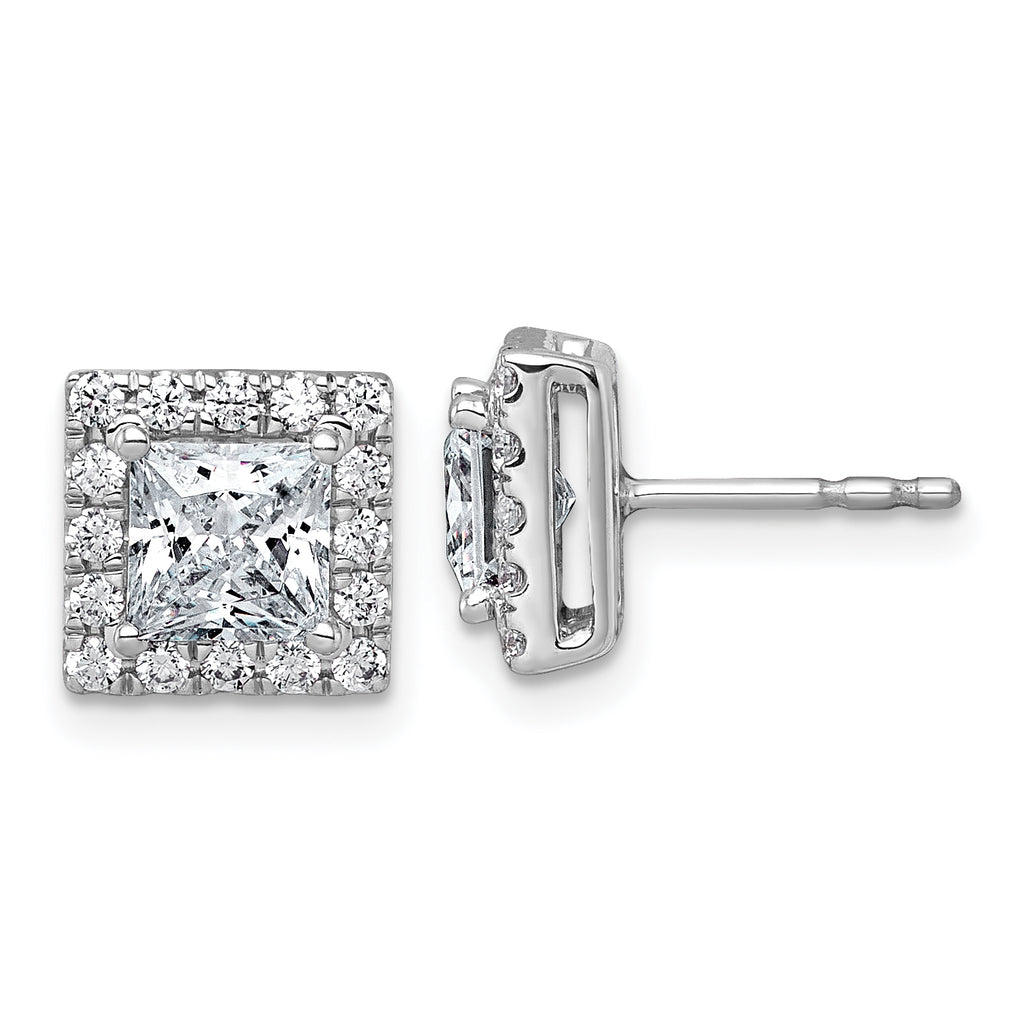 14k White Gold 2 1/2 carat Lab Grown Diamond VS+ F+ Complete Princess Halo Post Earrings