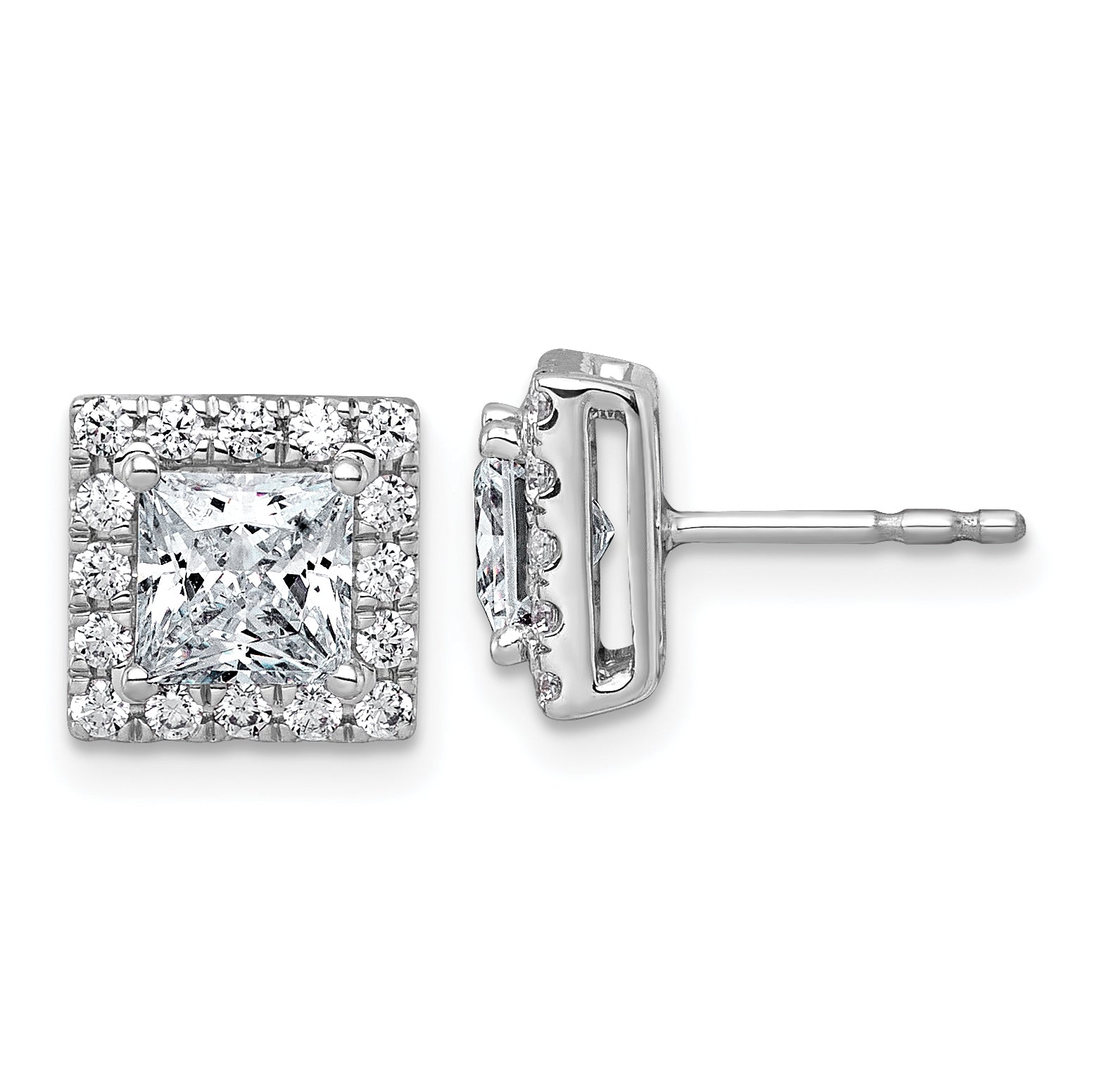 14k White Gold 2 1/2 carat Lab Grown Diamond VS+ F+ Complete Princess Halo Post Earrings