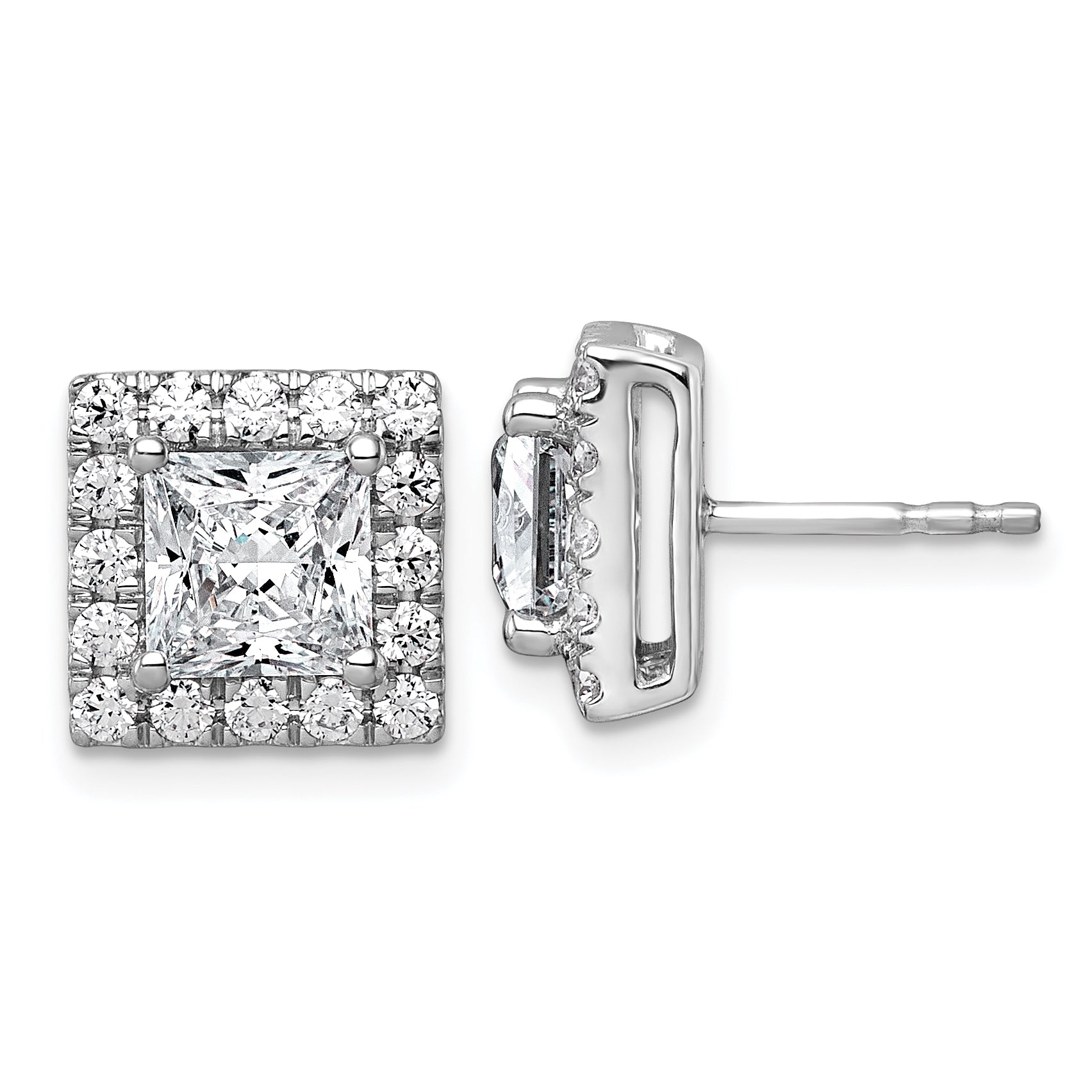 14k White Gold 3 7/8 carat Lab Grown Diamond VS+ F+ Complete Princess Halo Post Earrings Main image
