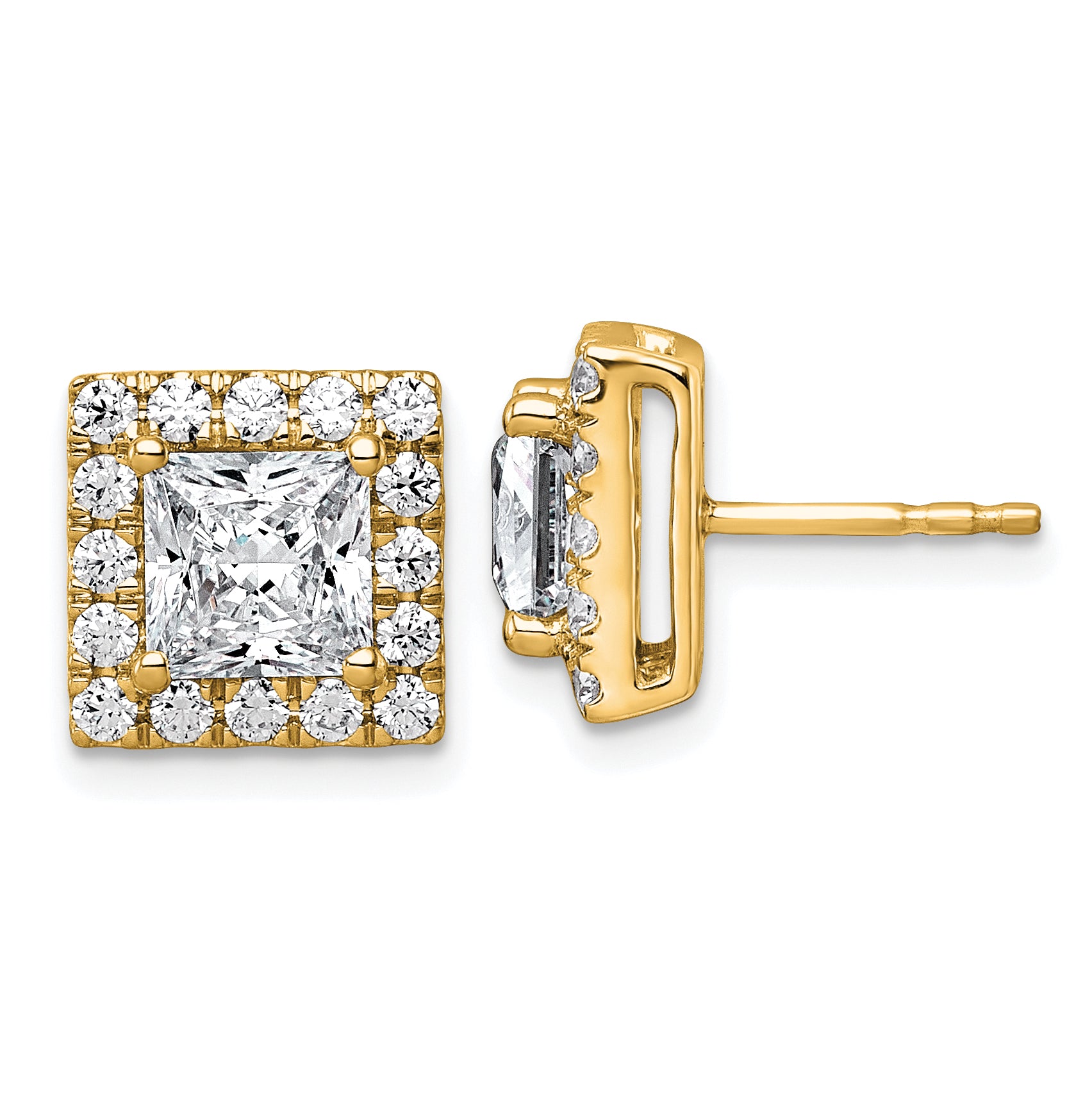 14k 3 7/8 carat Lab Grown Diamond VS+ F+ Complete Princess Halo Post Earrings