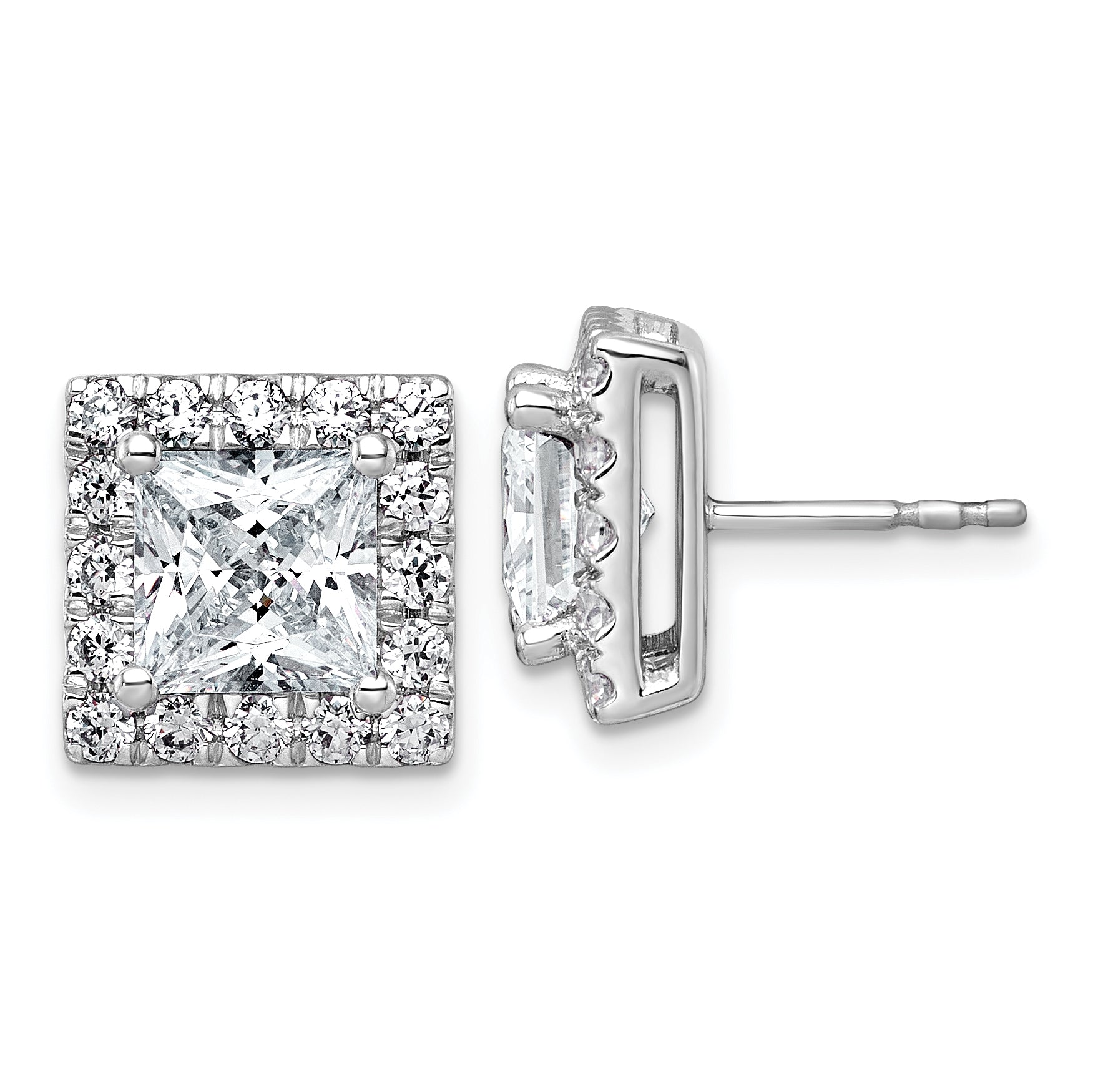 14k White Gold 5 carat Lab Grown Diamond VS+ F+ Complete Princess Halo Post Earrings