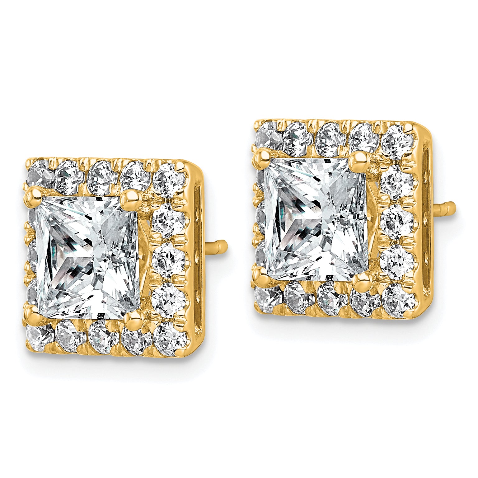 14k 5 carat Lab Grown Diamond VS+ F+ Complete Princess Halo Post Earrings
