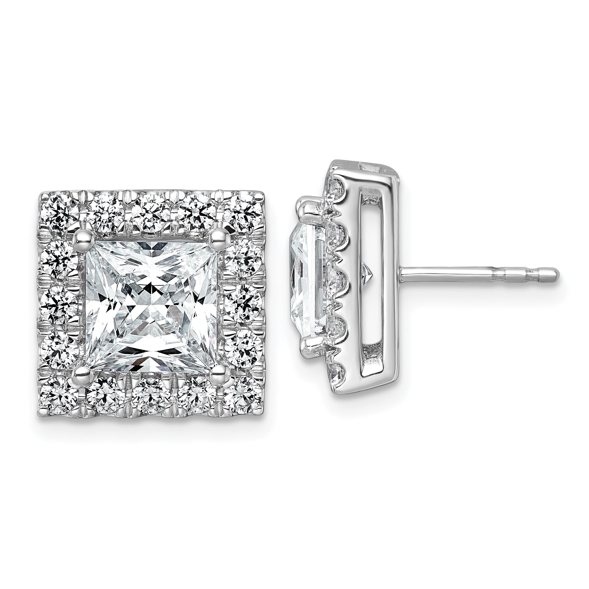 14k White Gold 6 1/2 carat Lab Grown Diamond VS+ F+ Complete Princess Halo Post Earrings