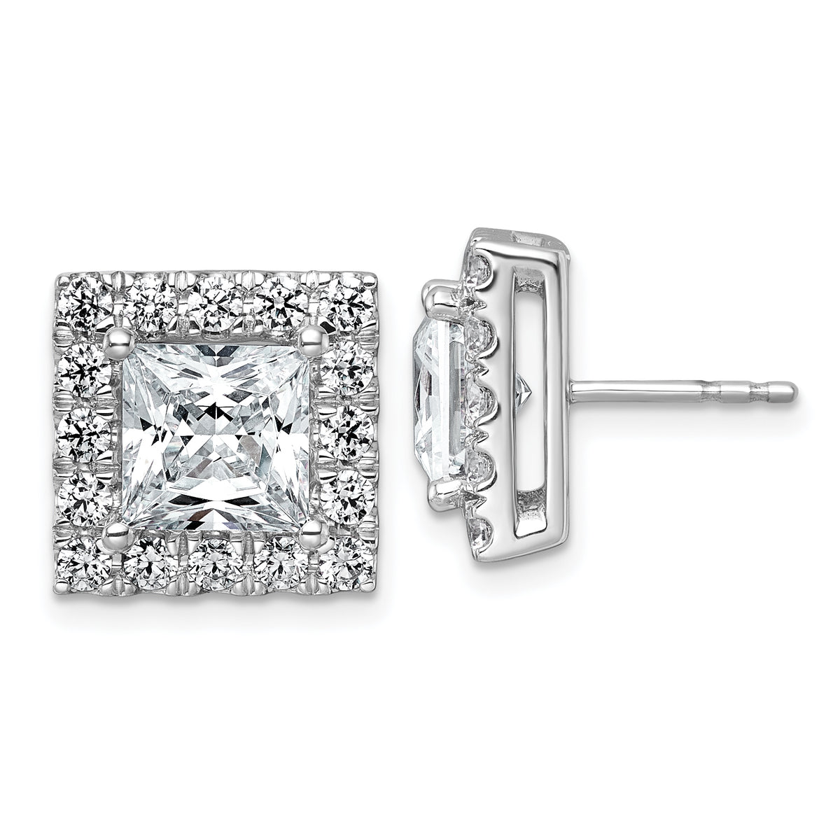 14k White Gold 6 1/2 carat Lab Grown Diamond VS+ F+ Complete Princess Halo Post Earrings