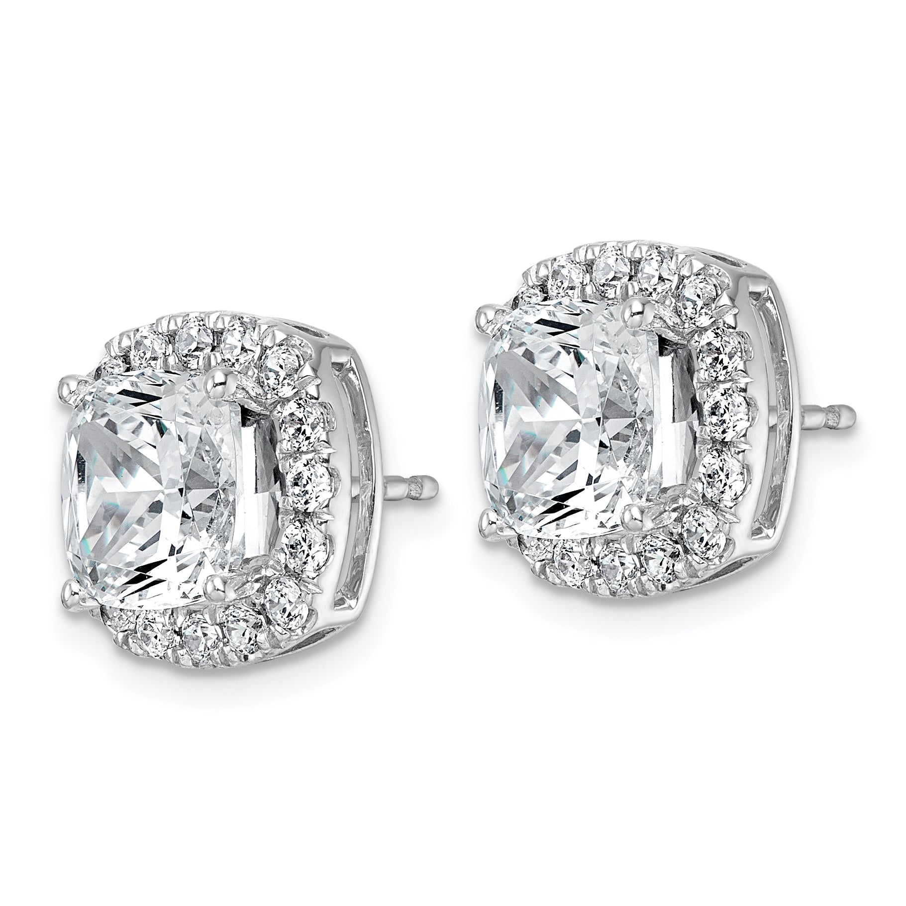 14k White Gold 7 carat Lab Grown Diamond VS+ F+ Complete Cushion Halo Post Earrings