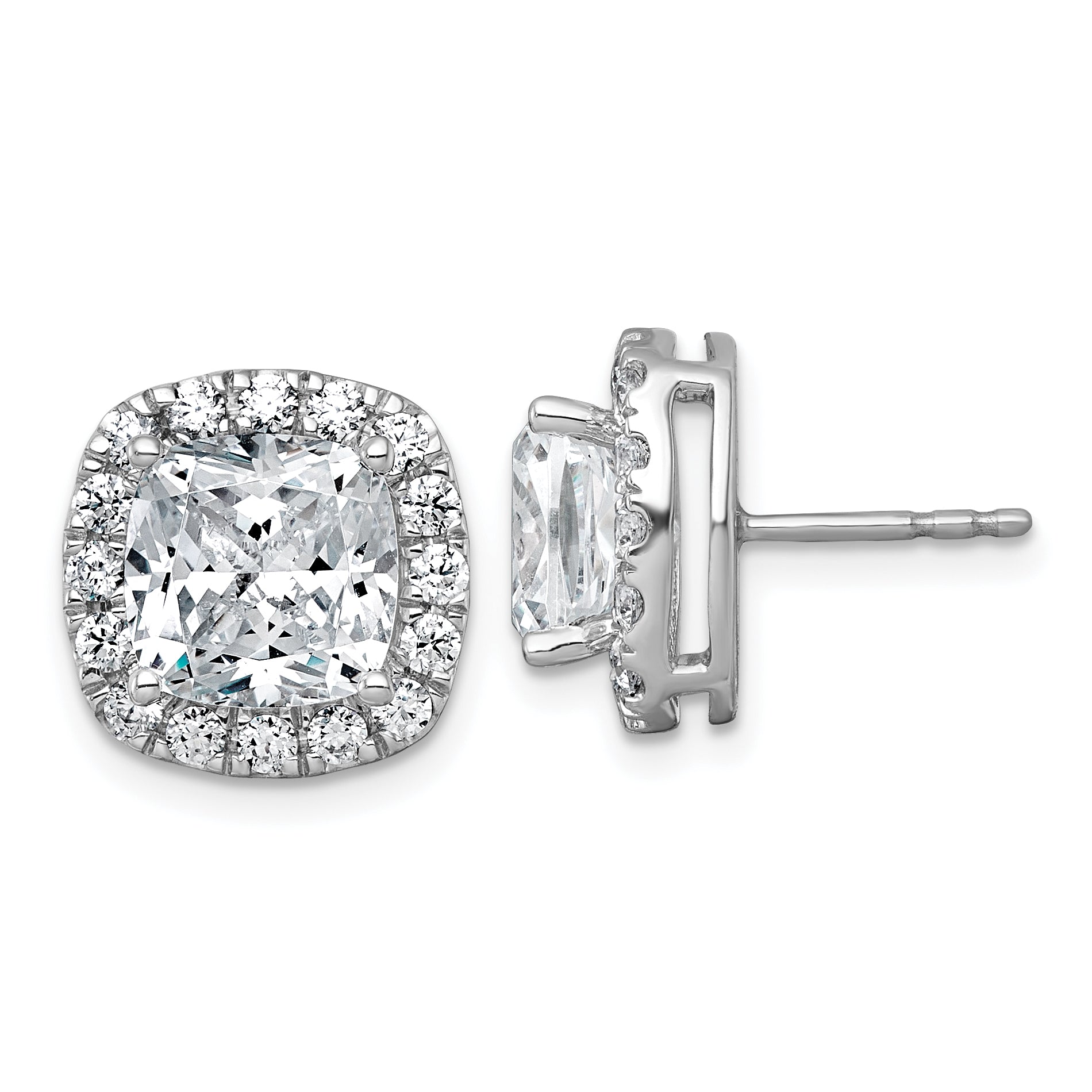 14k White Gold 7 carat Lab Grown Diamond VS+ F+ Complete Cushion Halo Post Earrings