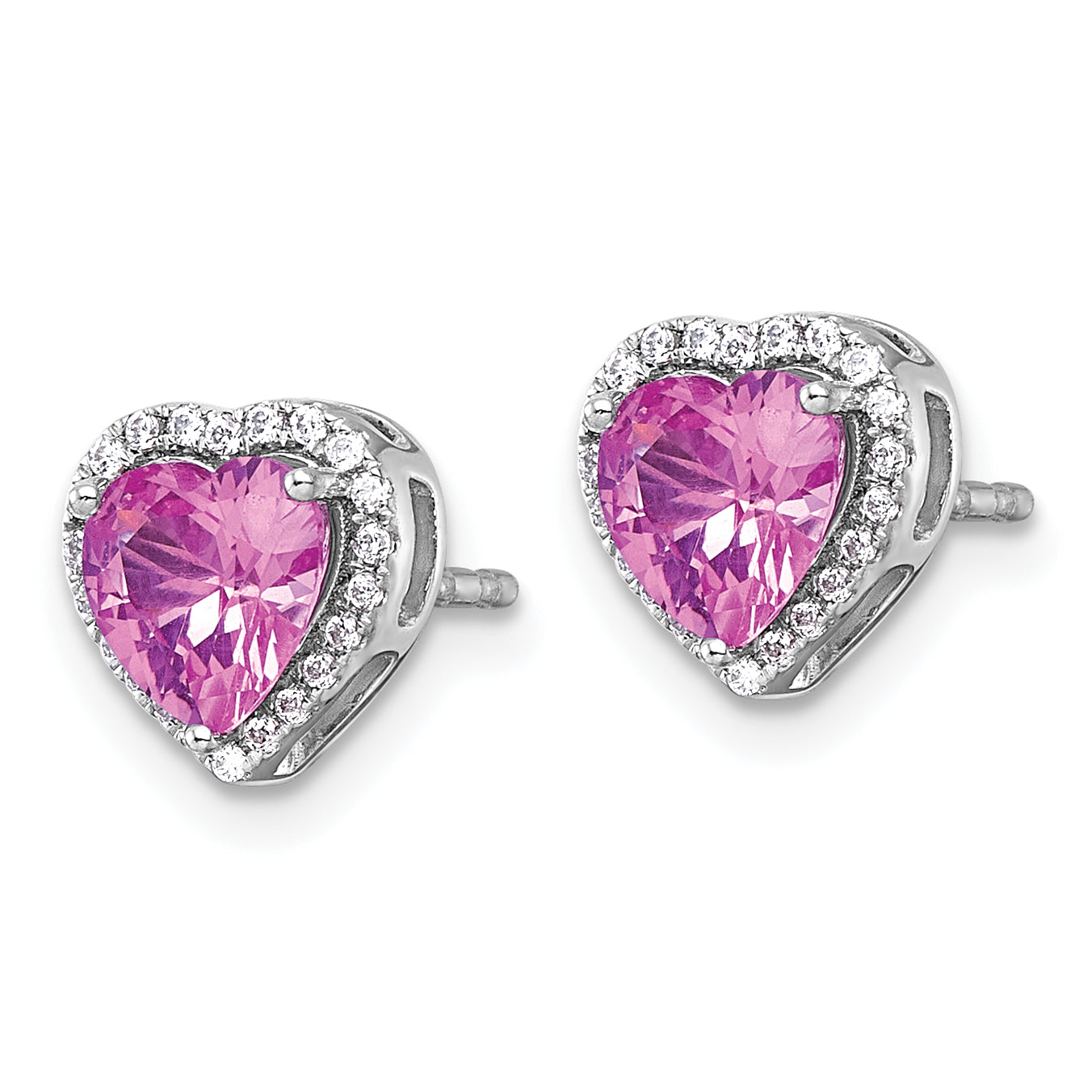 14k White Gold 1/6 carat Lab Grown Diamond VS+ F+ and Pink Sapphire Complete Heart Halo Post Earrings Secondary image