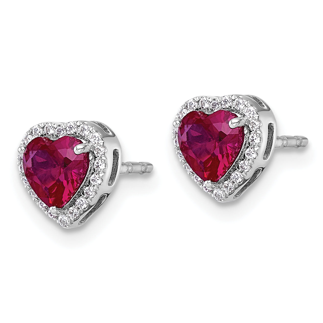 14k White Gold 1/8 carat Lab Grown Diamond VS+ F+ and Ruby Complete Heart Halo Post Earrings Secondary image