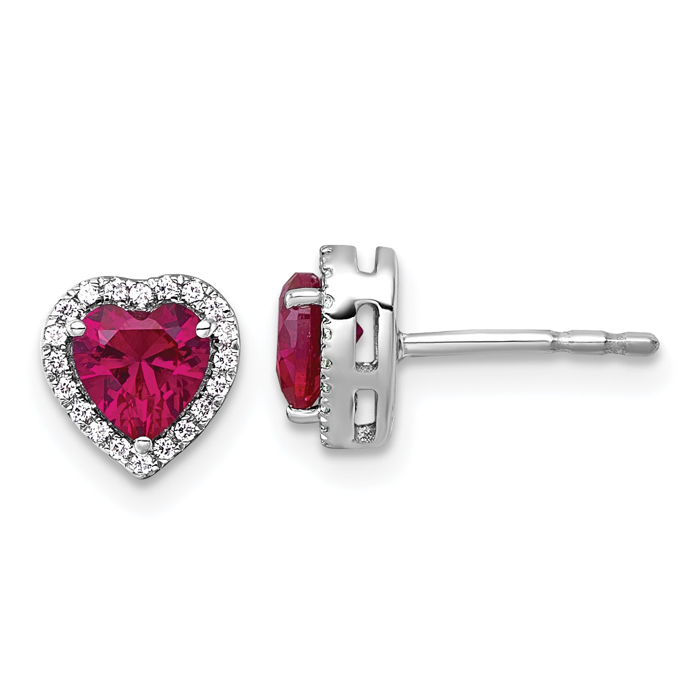 14k White Gold 1/8 carat Lab Grown Diamond VS+ F+ and Ruby Complete Heart Halo Post Earrings Main image