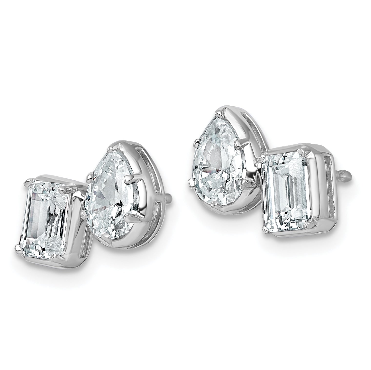 14k White Gold 2 carat Lab Grown Diamond VS+ F+ Complete Emerald and Pear Two Stone Post Earrings