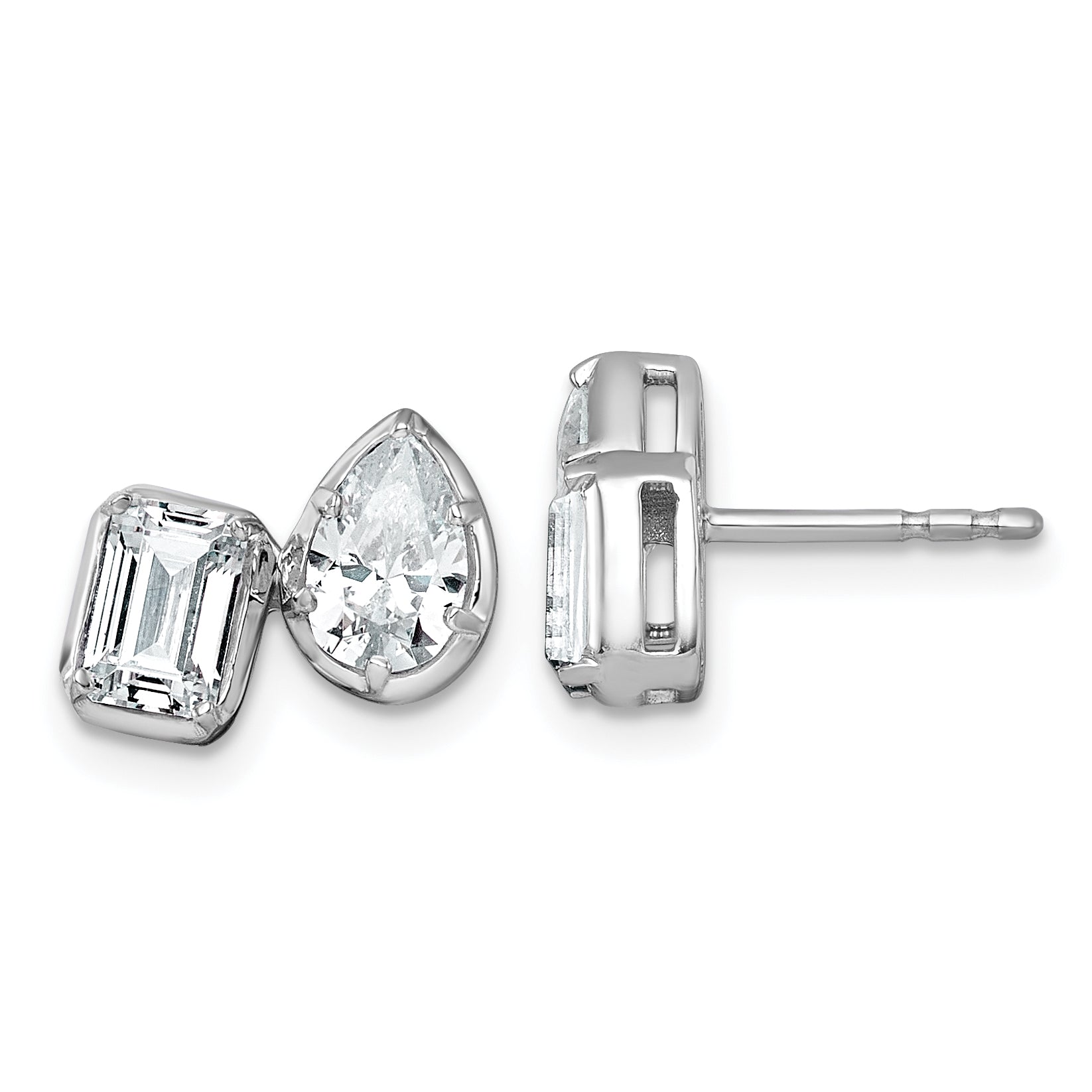 14k White Gold 2 carat Lab Grown Diamond VS+ F+ Complete Emerald and Pear Two Stone Post Earrings