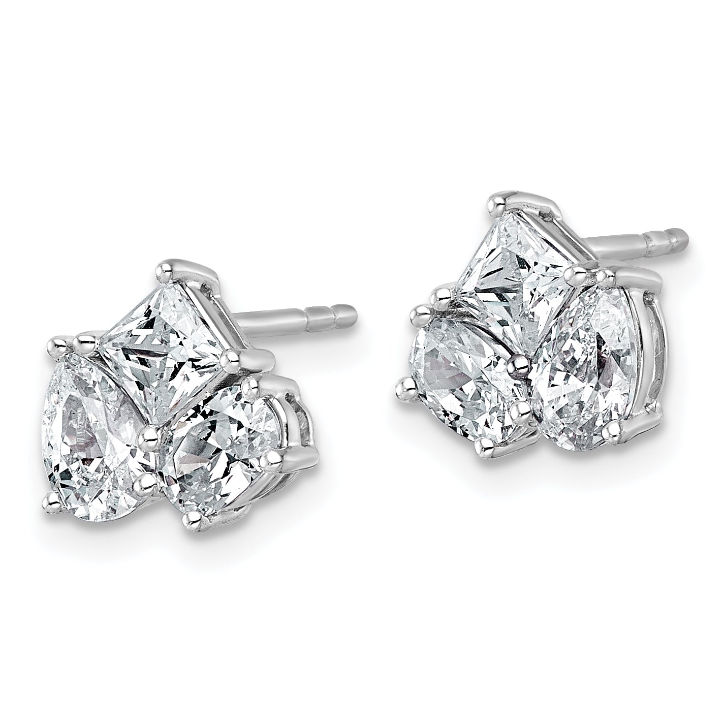 14k White Gold 2 carat Lab Grown Diamond VS+ F+ Complete Princess Round and Pear Three Stone Post Earrings Secondary image