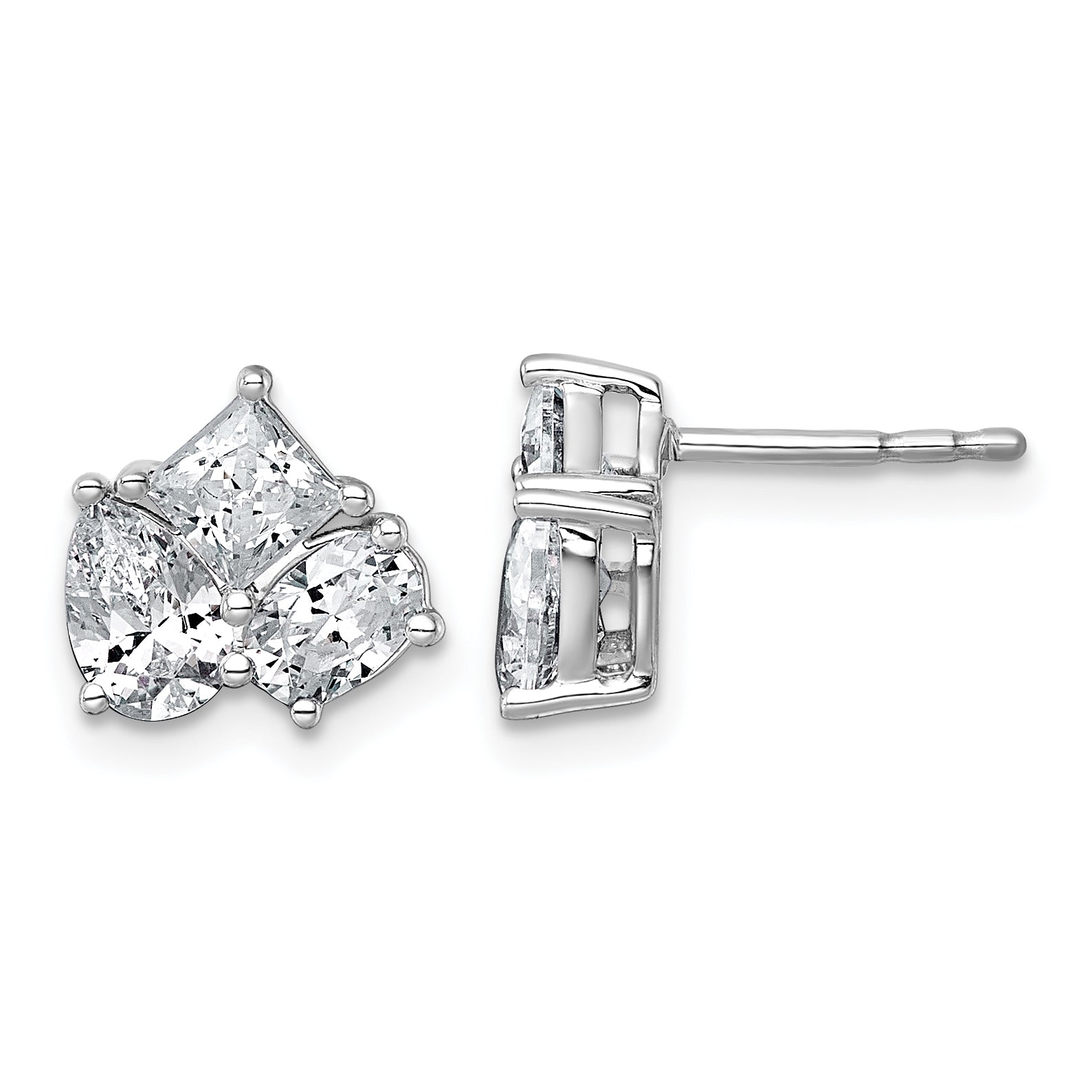 14k White Gold 2 carat Lab Grown Diamond VS+ F+ Complete Princess Round and Pear Three Stone Post Earrings Main image