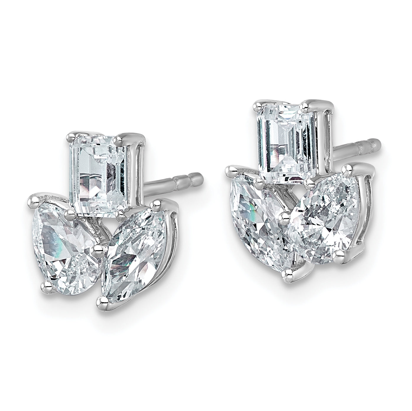 14k White Gold 2 carat Lab Grown Diamond VS+ F+ Complete Emerald Marquise and Pear Three Stone Post Earrings