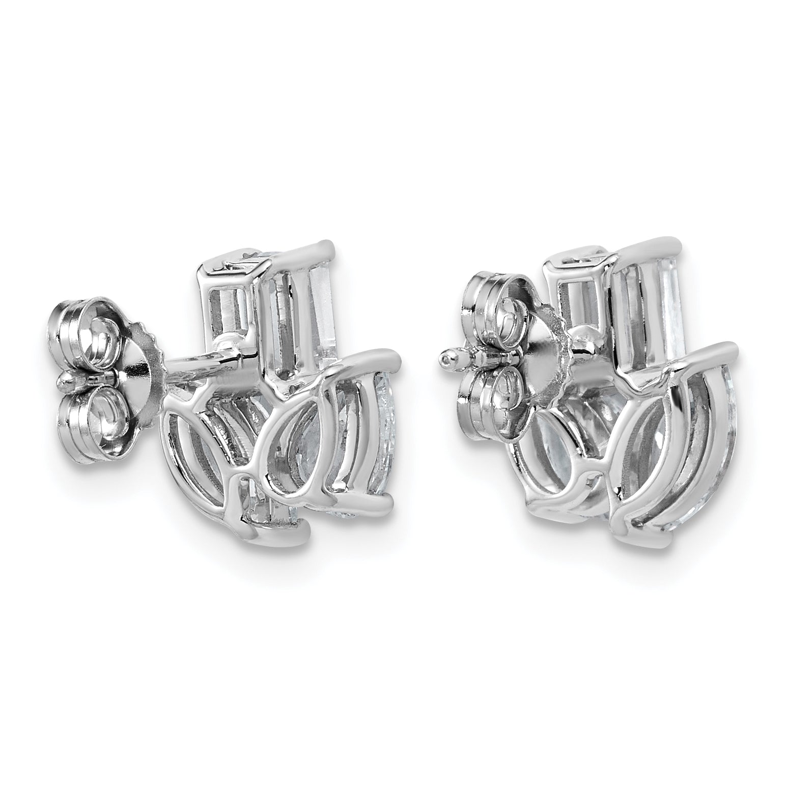 14k White Gold 2 carat Lab Grown Diamond VS+ F+ Complete Emerald Marquise and Pear Three Stone Post Earrings