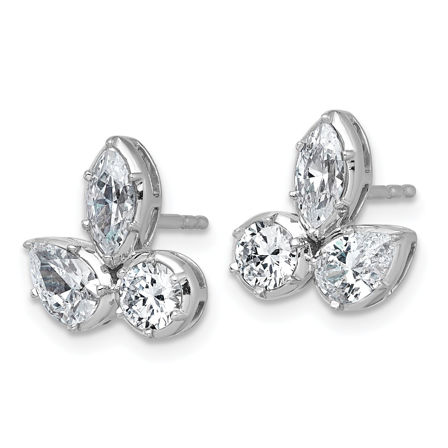 14k White Gold 1 7/8 carat Lab Grown Diamond VS+ F+ Complete Pear Round and Marquise Three Stone Post Earrings