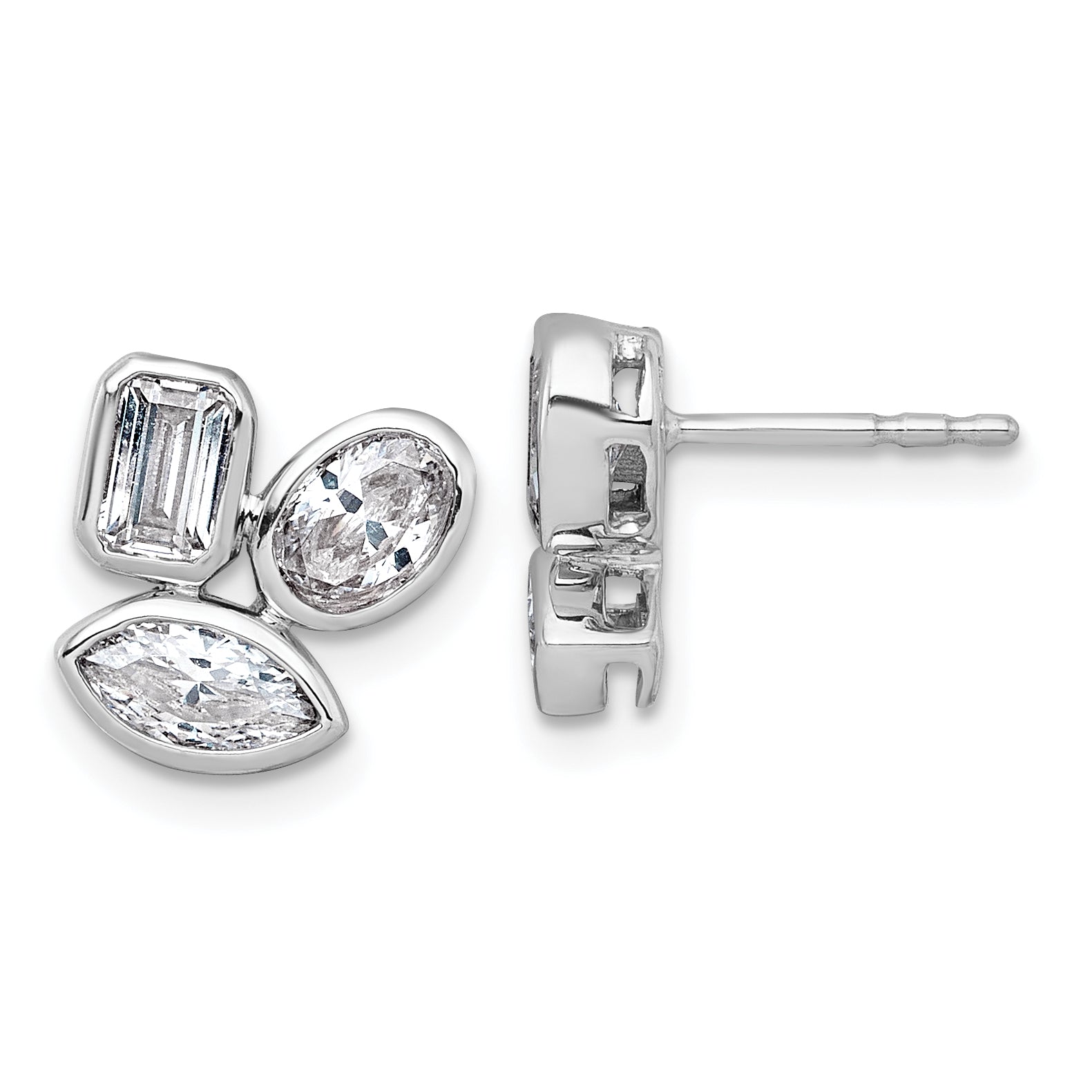 14k White Gold 2 carat Lab Grown Diamond VS+ F+ Complete Emerald Oval and Marquise Three Stone Post Earrings