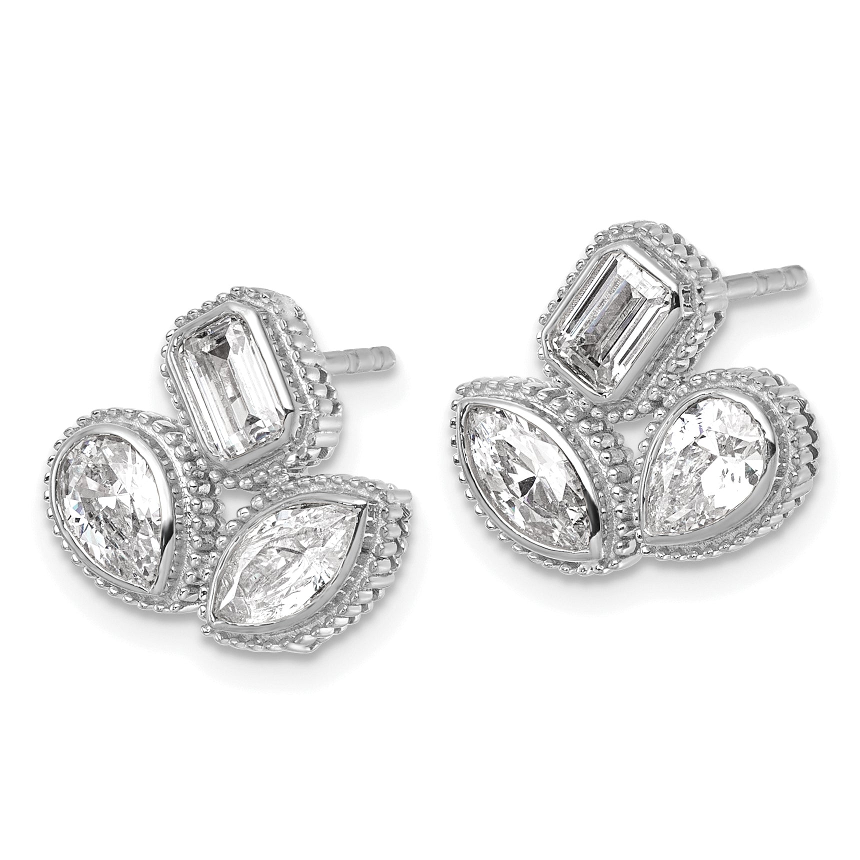 14k White Gold 2 carat Lab Grown Diamond VS+ F+ Complete Emerald Pear and Marquise Three Stone Post Earrings