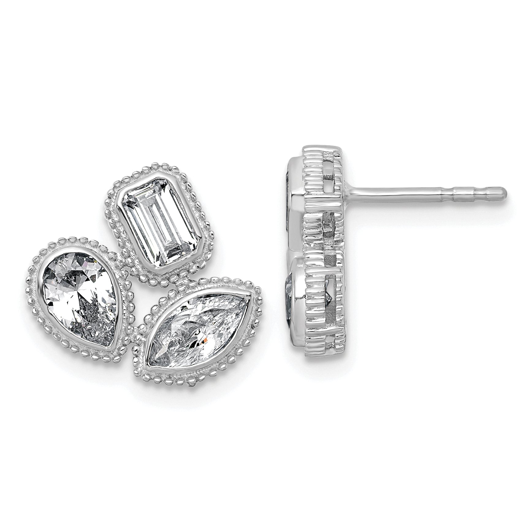 14k White Gold 2 carat Lab Grown Diamond VS+ F+ Complete Emerald Pear and Marquise Three Stone Post Earrings