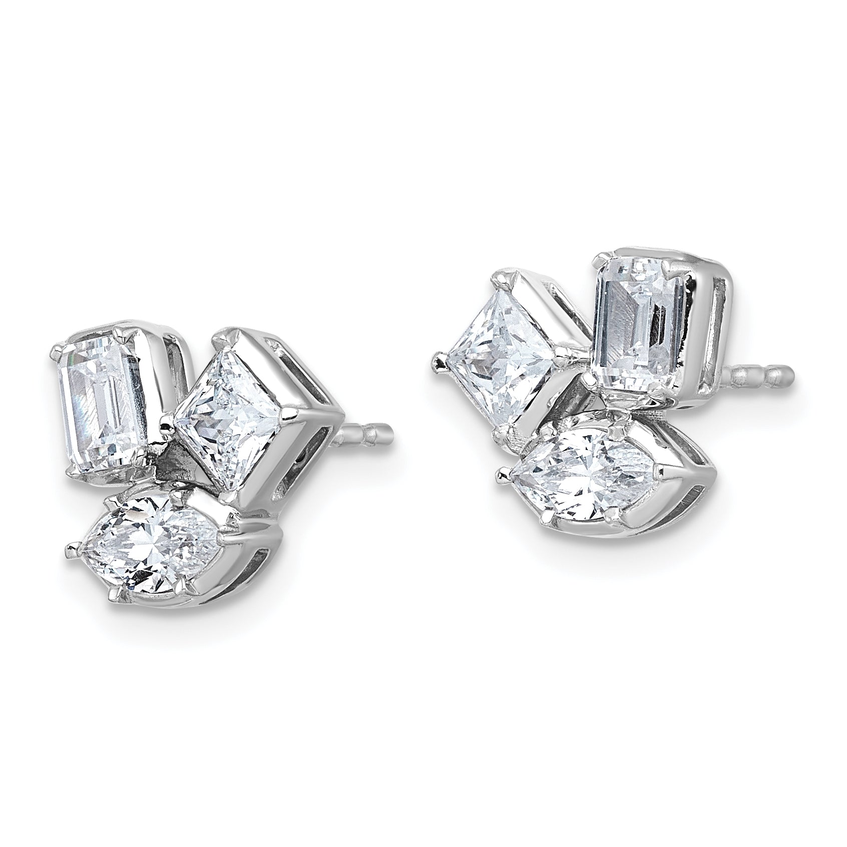 14k White Gold 2 carat Lab Grown Diamond VS+ F+ Complete Princess Emerald and Marquise Three Stone Post Earrings Secondary image