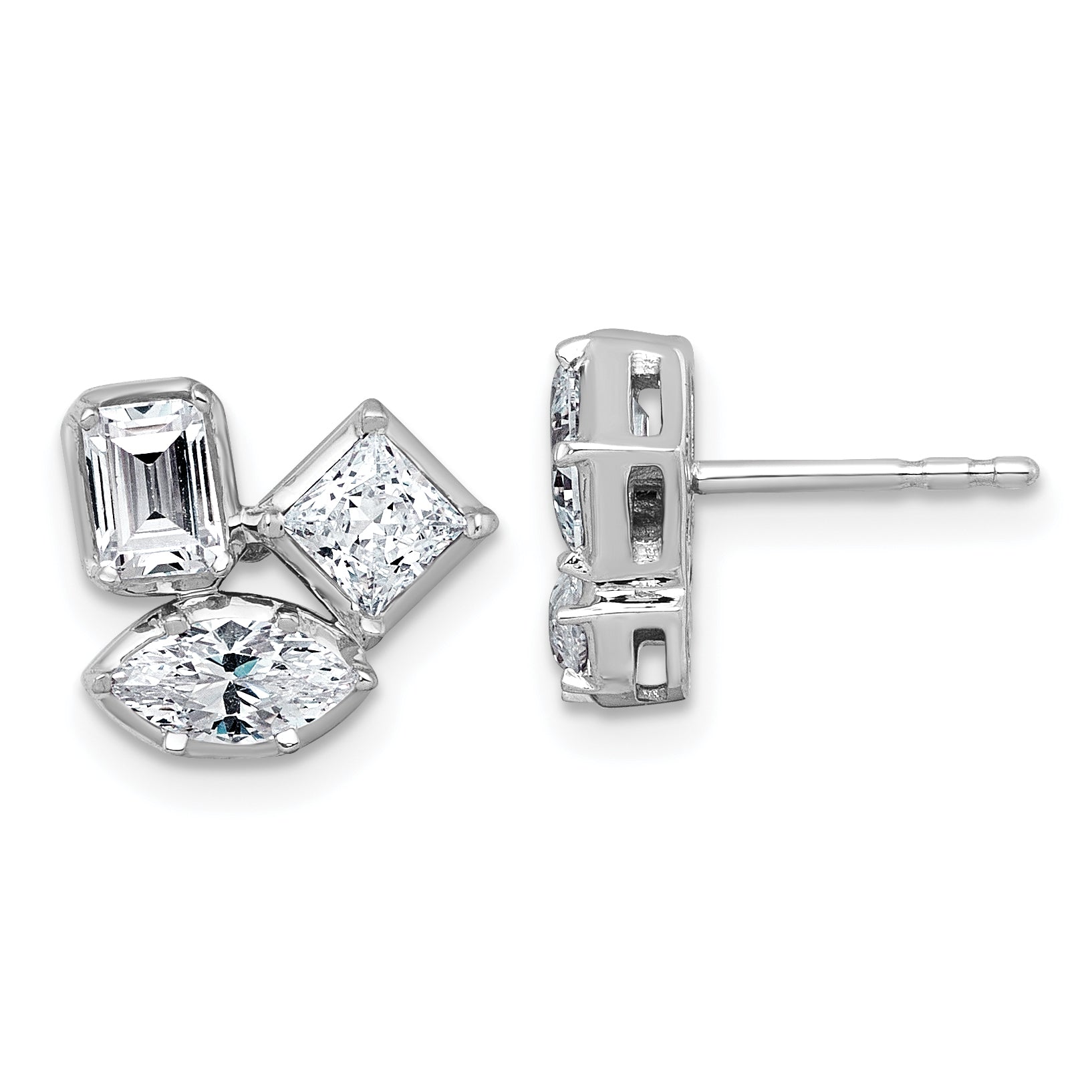 14k White Gold 2 carat Lab Grown Diamond VS+ F+ Complete Princess Emerald and Marquise Three Stone Post Earrings Main image