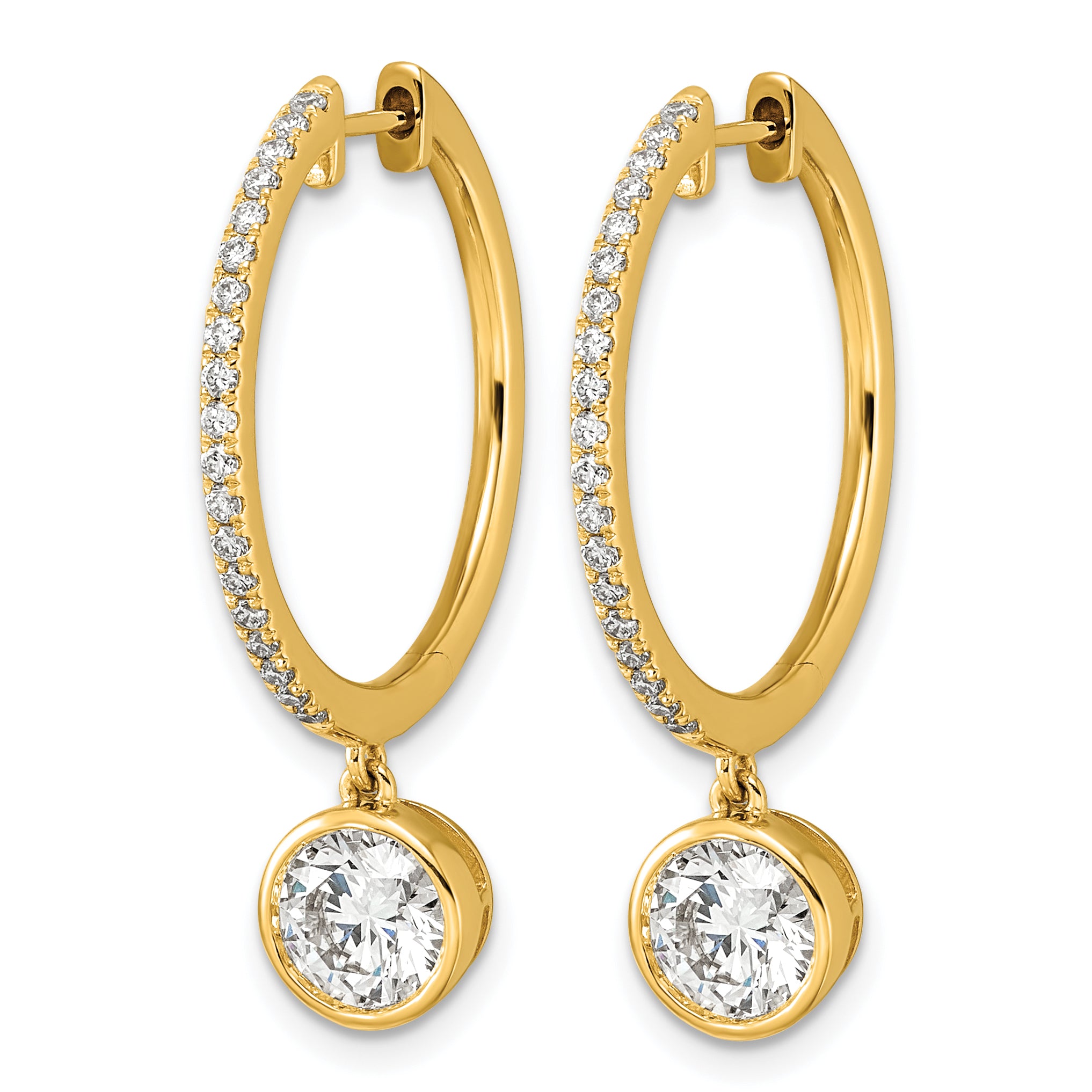 14ky Certified Round Bezel Dangle Lab Grown Diamond VS+ F+ Hoop Earrings