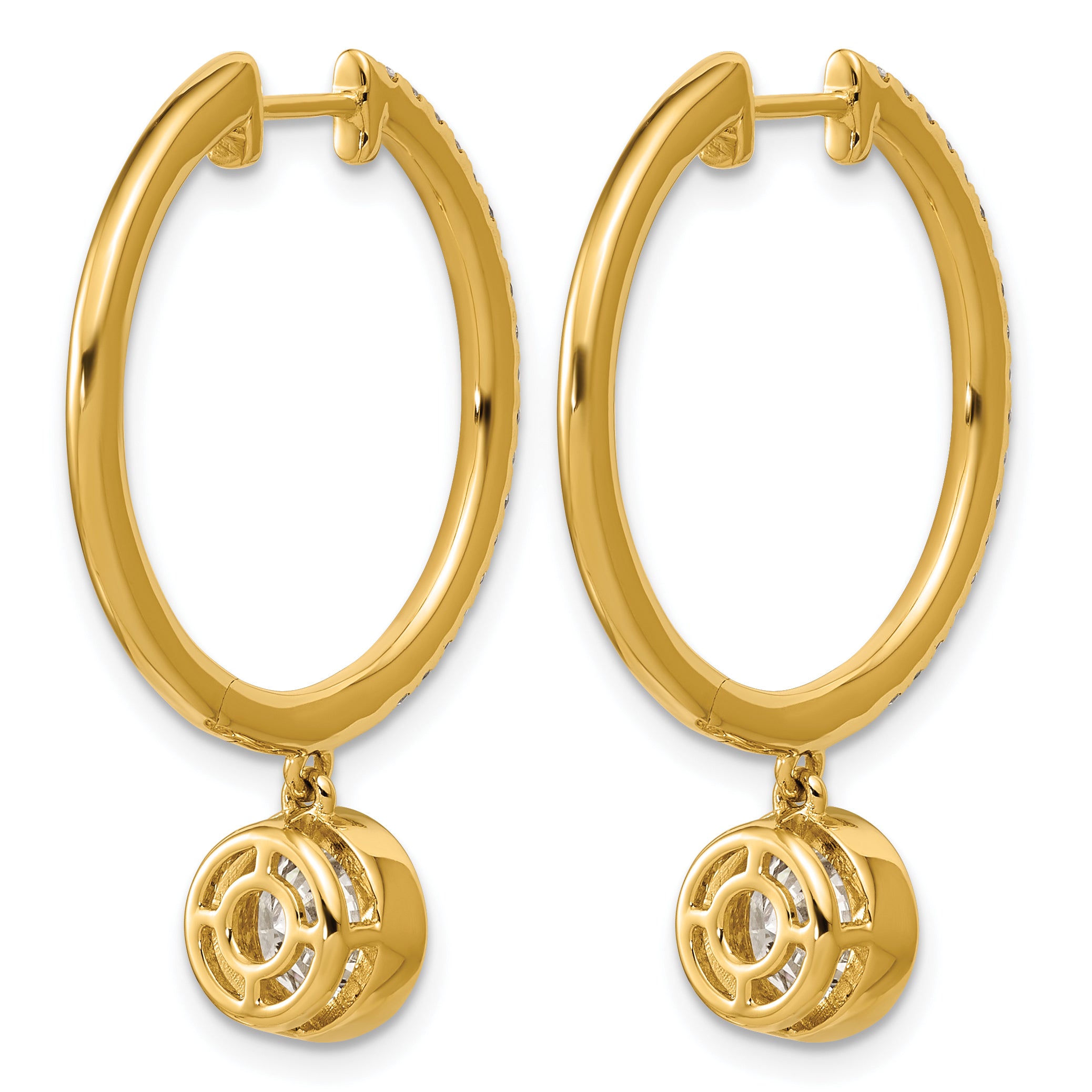 14ky Certified Round Bezel Dangle Lab Grown Diamond VS+ F+ Hoop Earrings