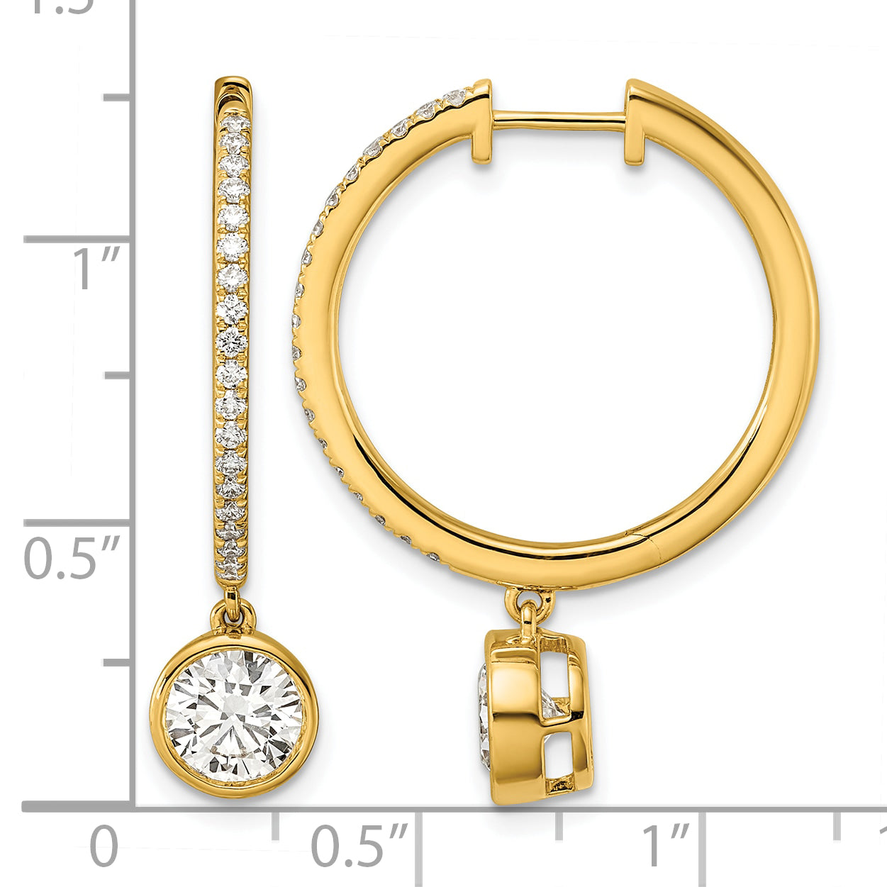 14ky Certified Round Bezel Dangle Lab Grown Diamond VS+ F+ Hoop Earrings