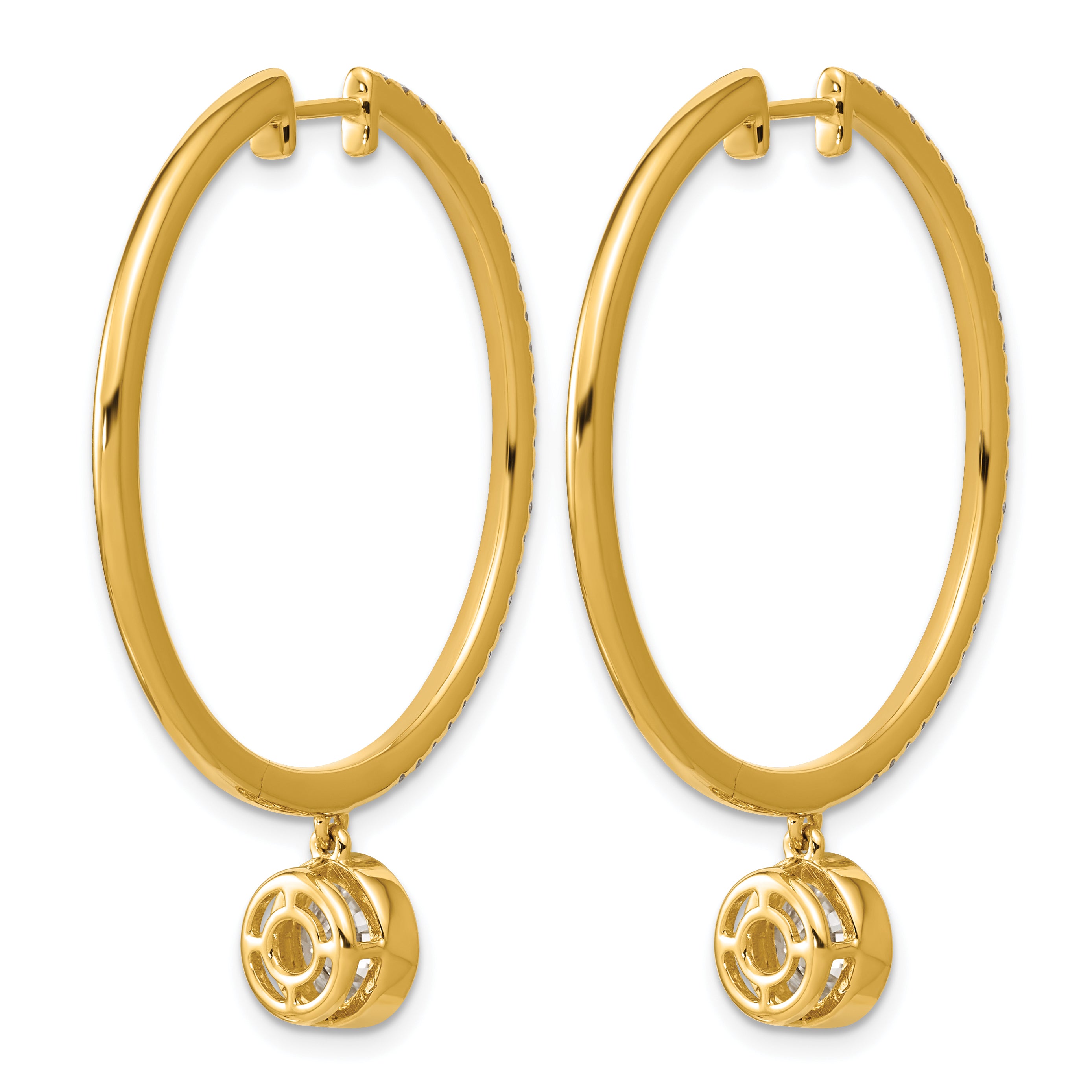 14ky Certified Round Bezel Dangle Lab Grown Diamond VS+ F+ Hoop Earrings